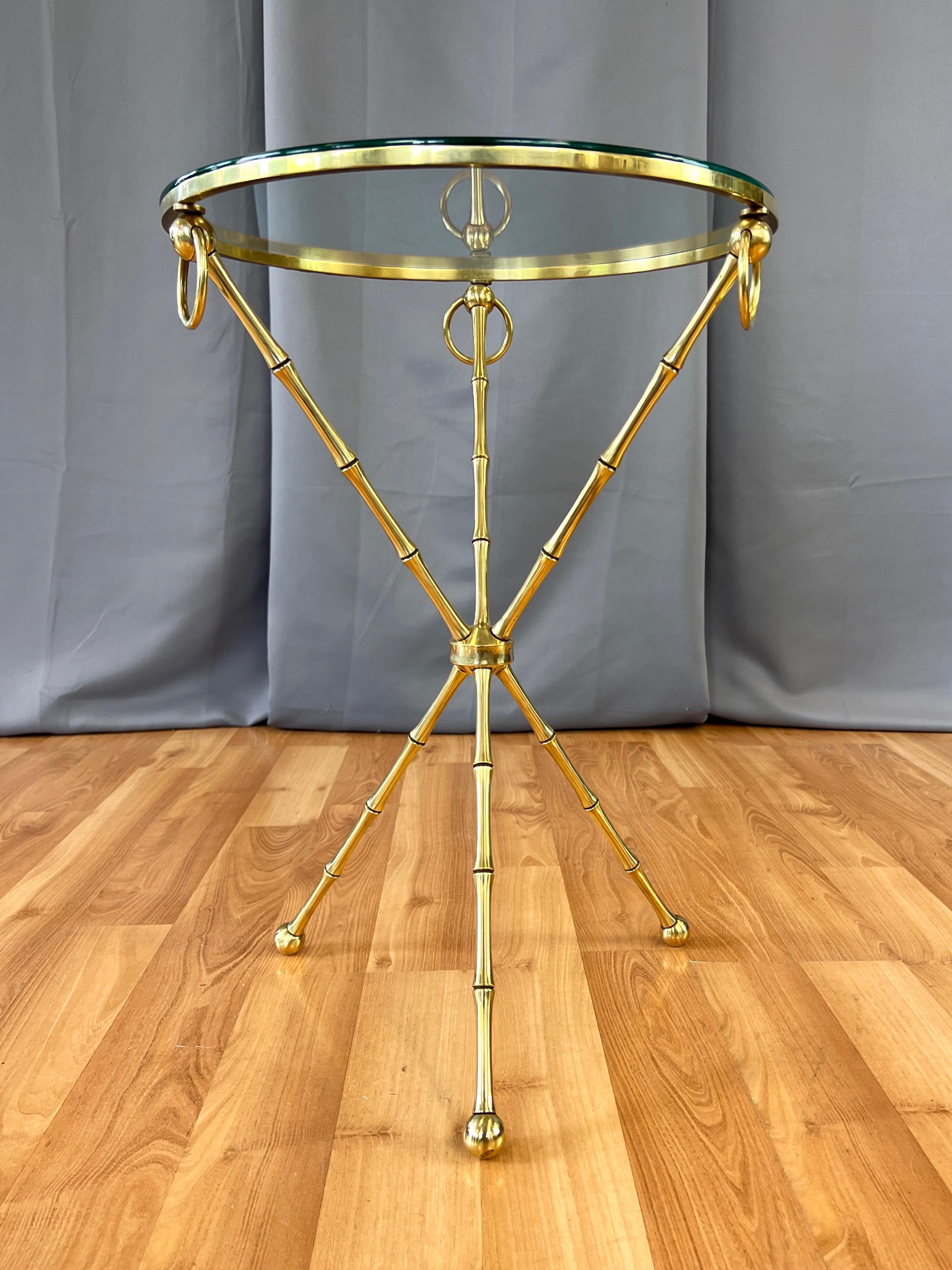 Maison Baguès-Style Brass Faux Bamboo Side Table with Round Glass Top, c. 1960 4