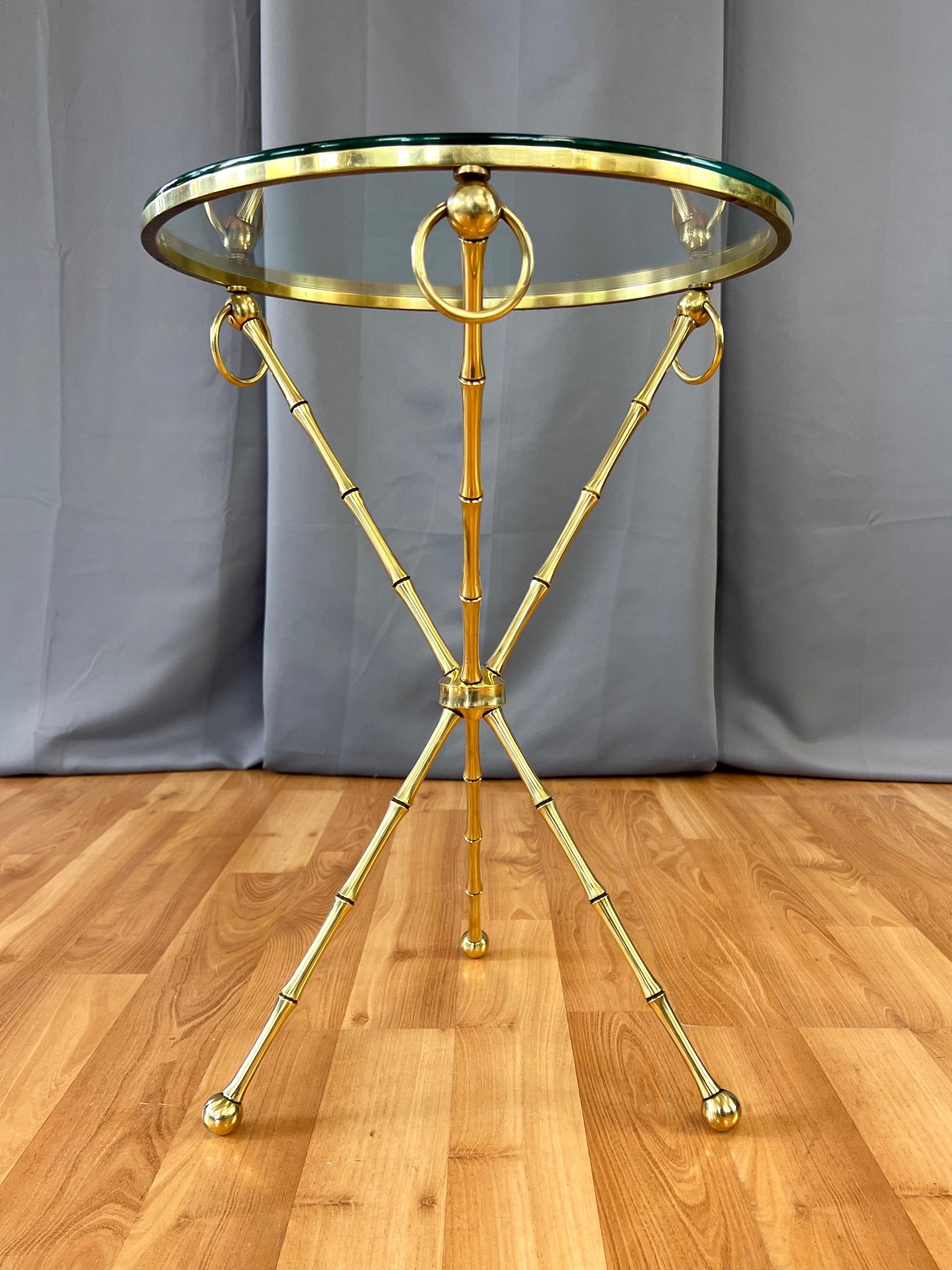 Maison Baguès-Style Brass Faux Bamboo Side Table with Round Glass Top, c. 1960 5