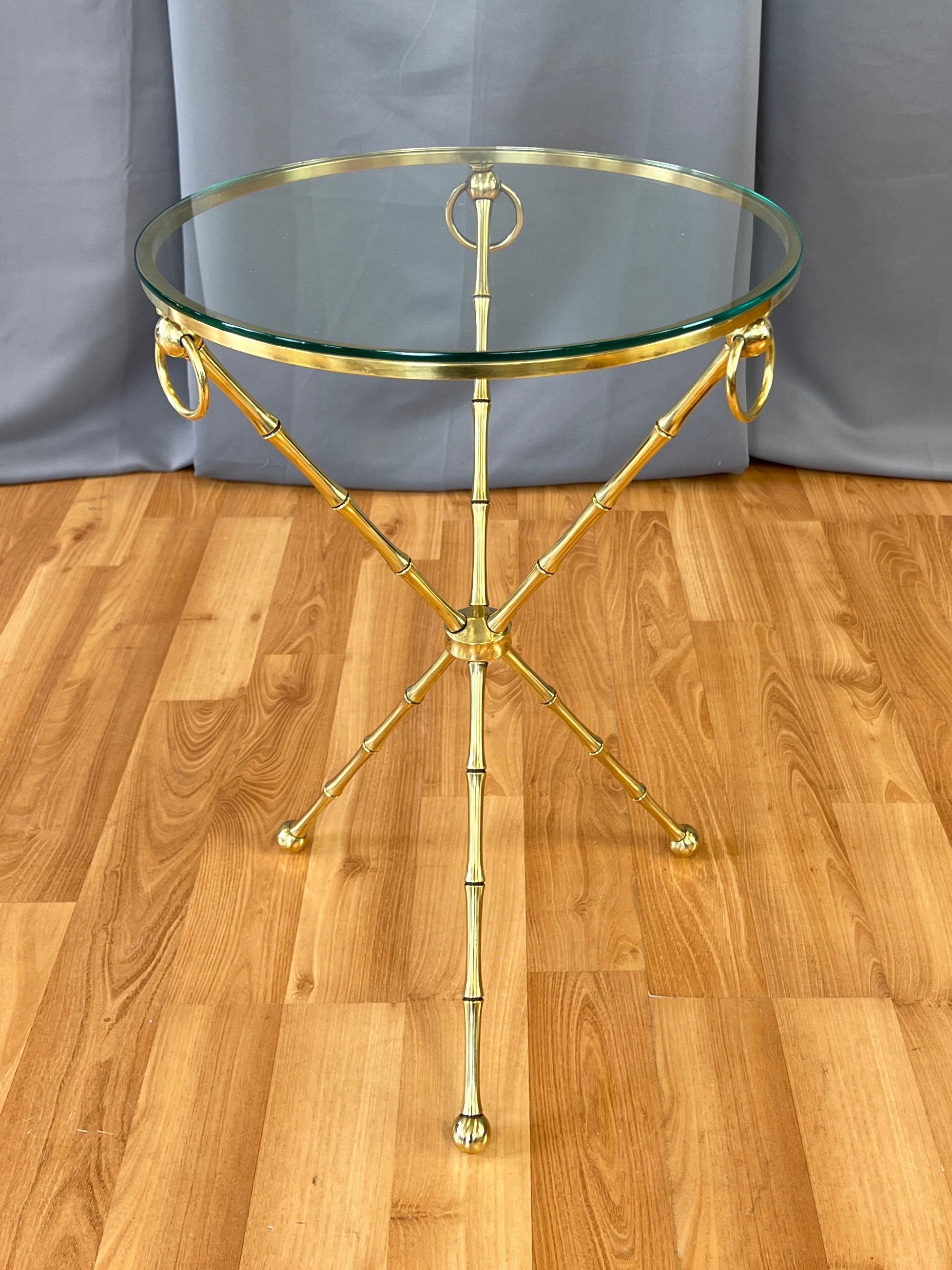 Maison Baguès-Style Brass Faux Bamboo Side Table with Round Glass Top, c. 1960 6
