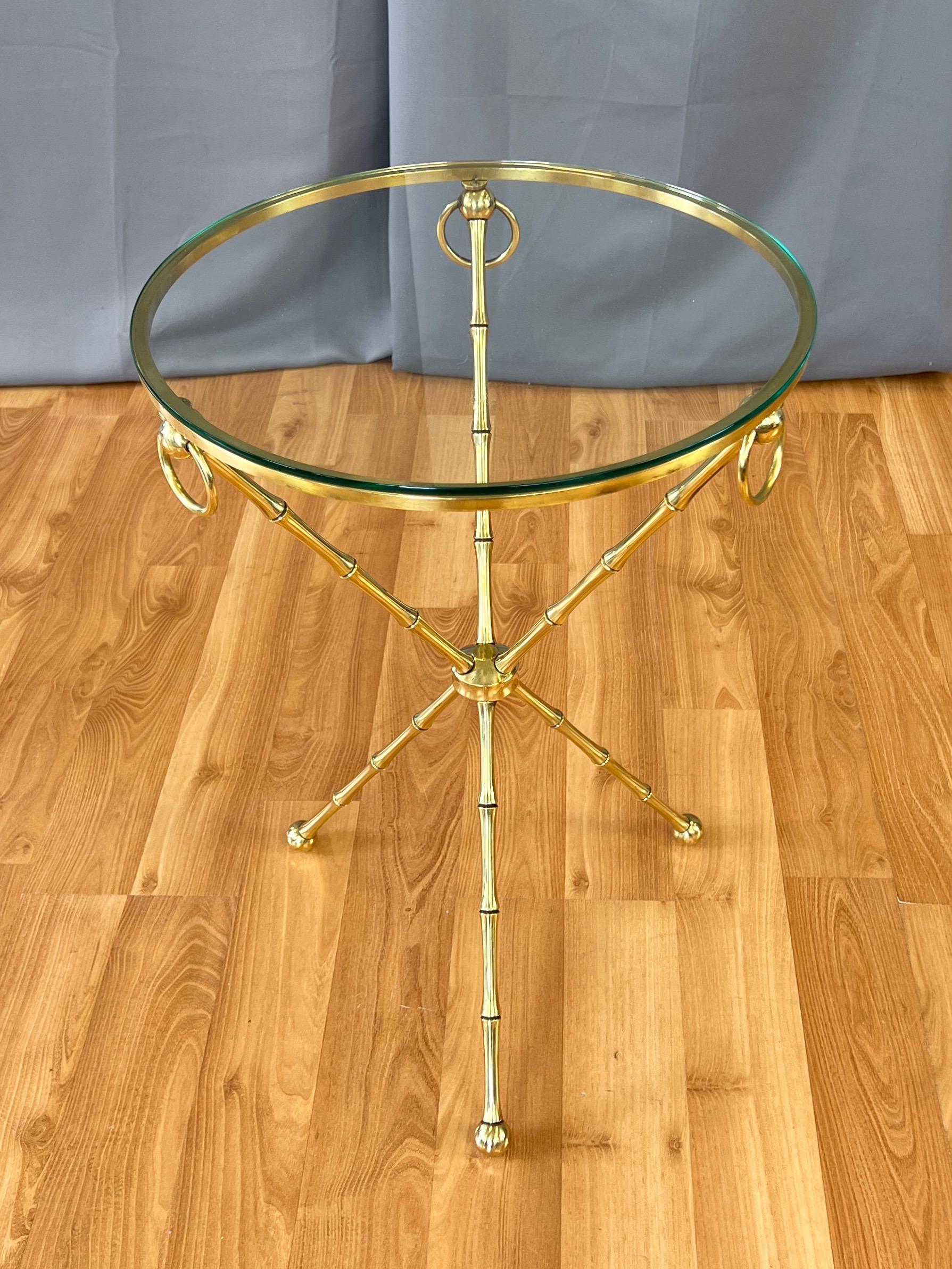 Maison Baguès-Style Brass Faux Bamboo Side Table with Round Glass Top, c. 1960 7
