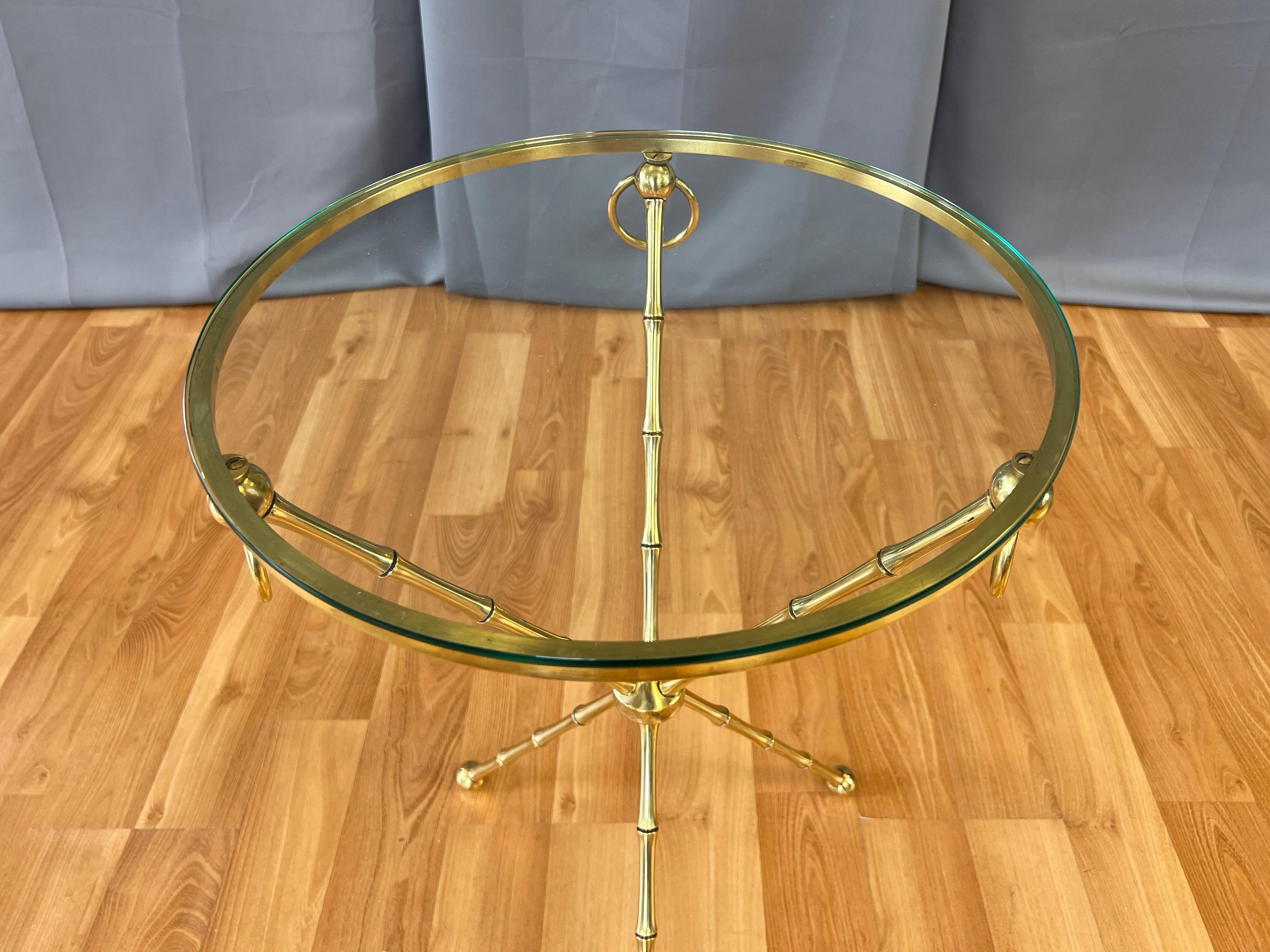 Maison Baguès-Style Brass Faux Bamboo Side Table with Round Glass Top, c. 1960 8