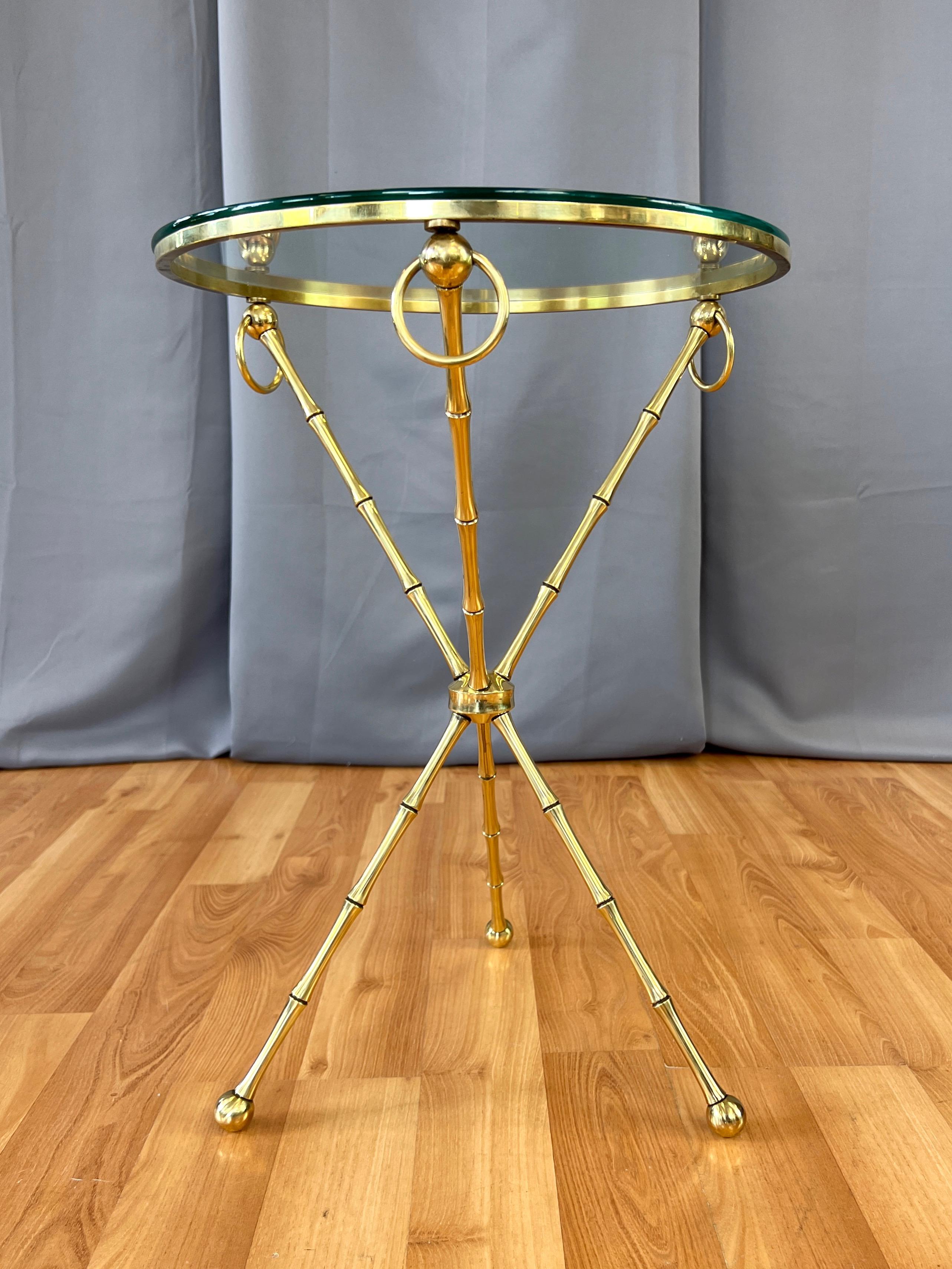 Hollywood Regency Maison Baguès-Style Brass Faux Bamboo Side Table with Round Glass Top, c. 1960