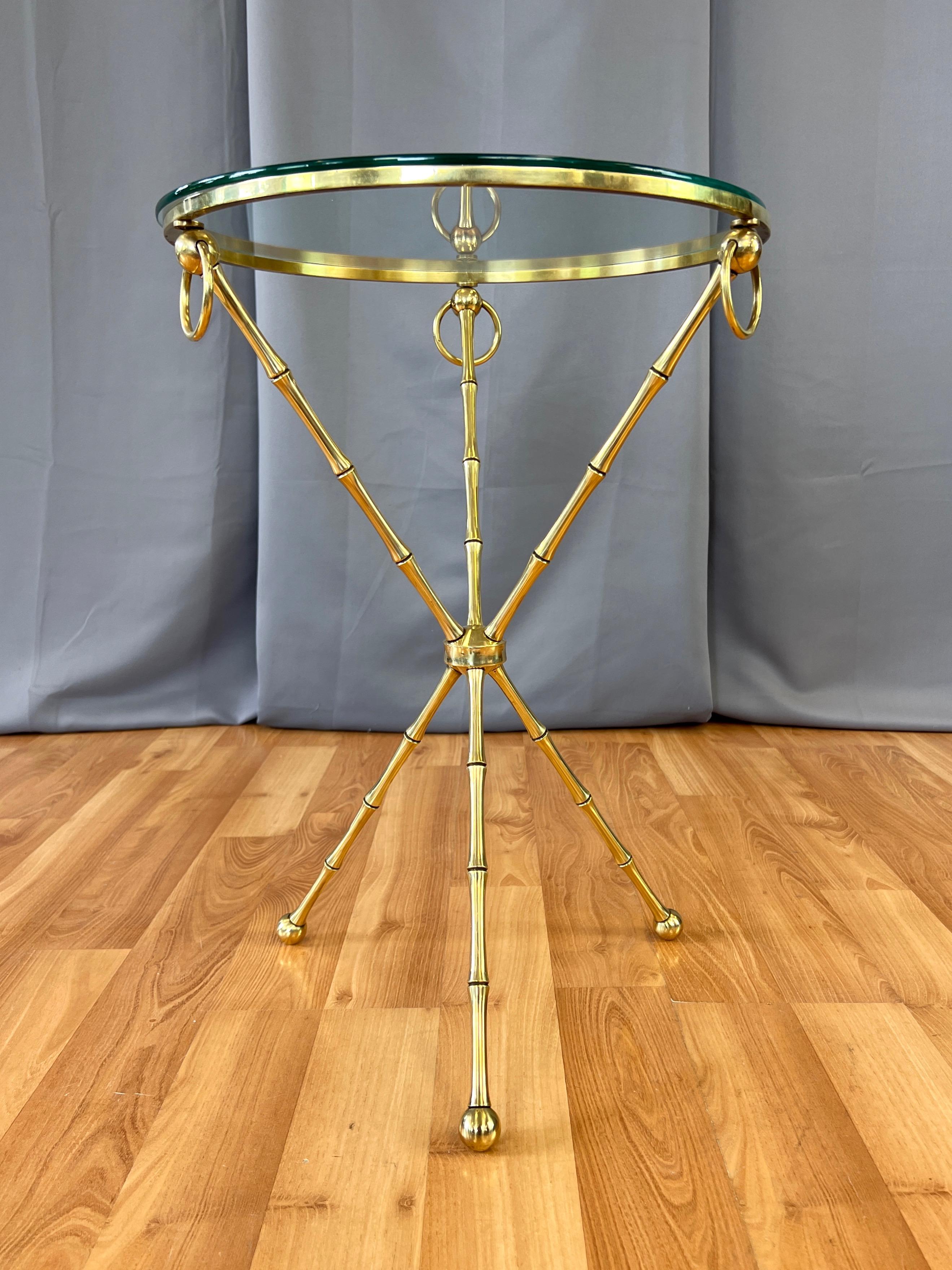 French Maison Baguès-Style Brass Faux Bamboo Side Table with Round Glass Top, c. 1960
