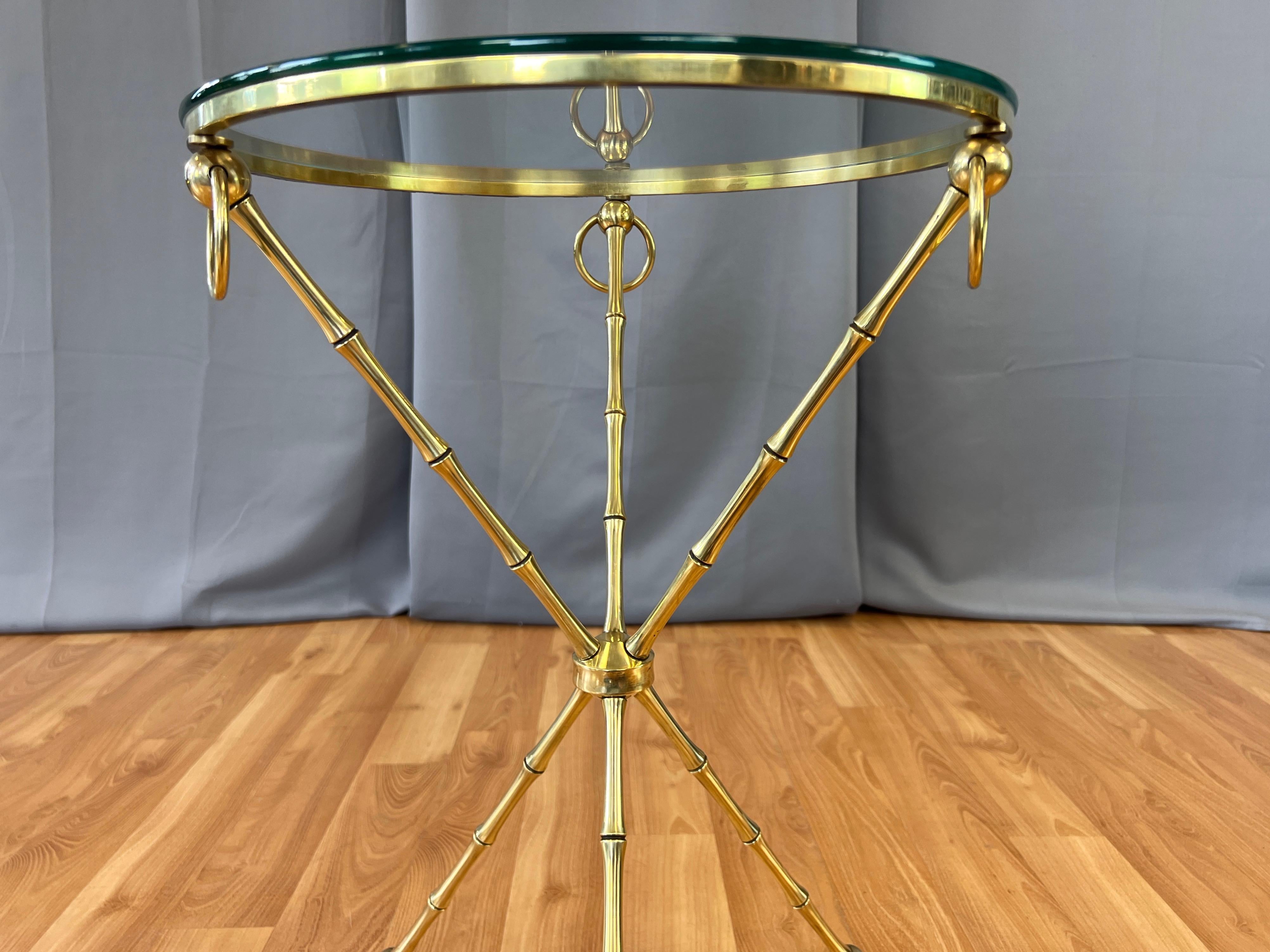 Maison Baguès-Style Brass Faux Bamboo Side Table with Round Glass Top, c. 1960 In Good Condition In San Francisco, CA