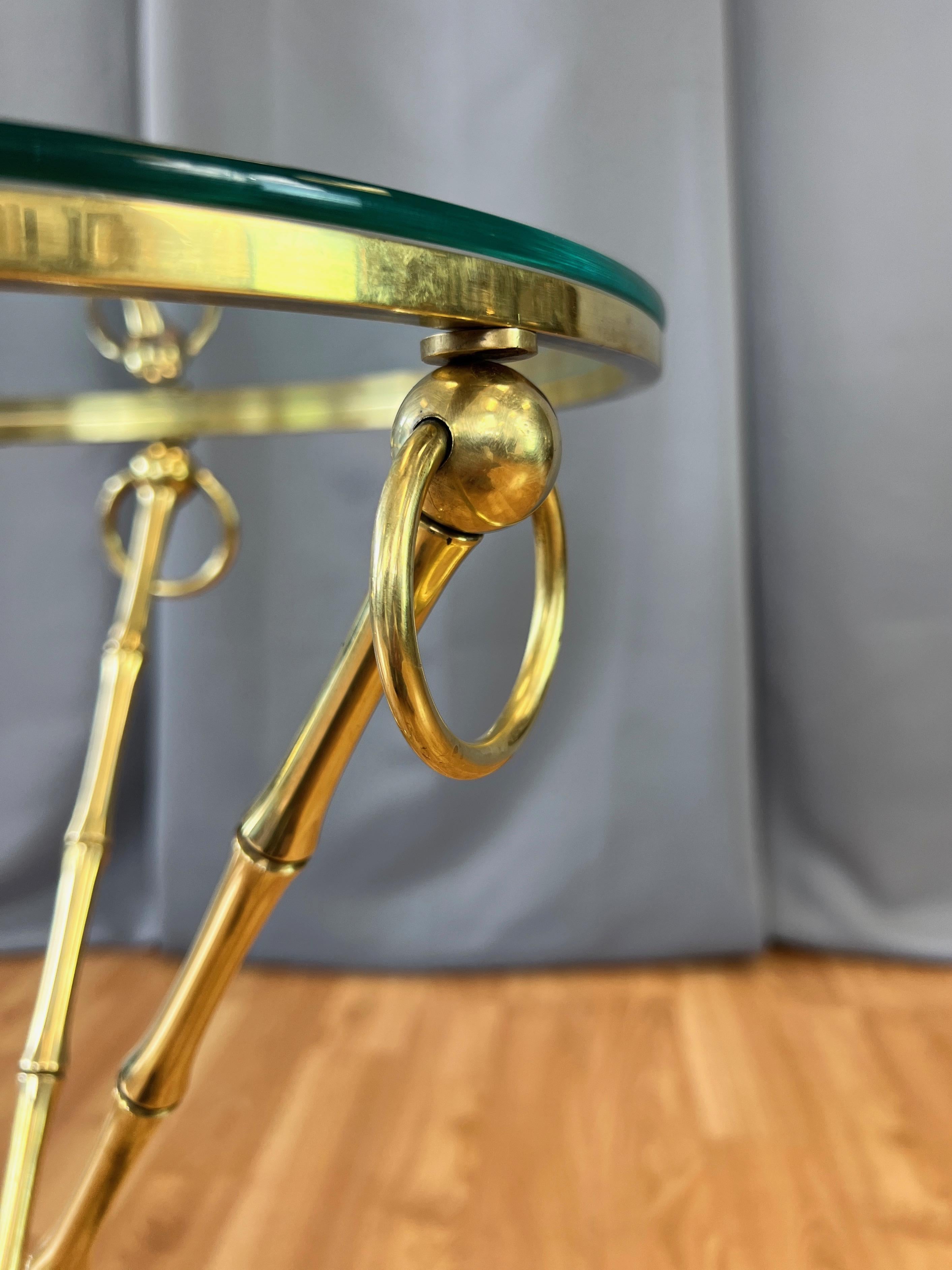 Mid-20th Century Maison Baguès-Style Brass Faux Bamboo Side Table with Round Glass Top, c. 1960