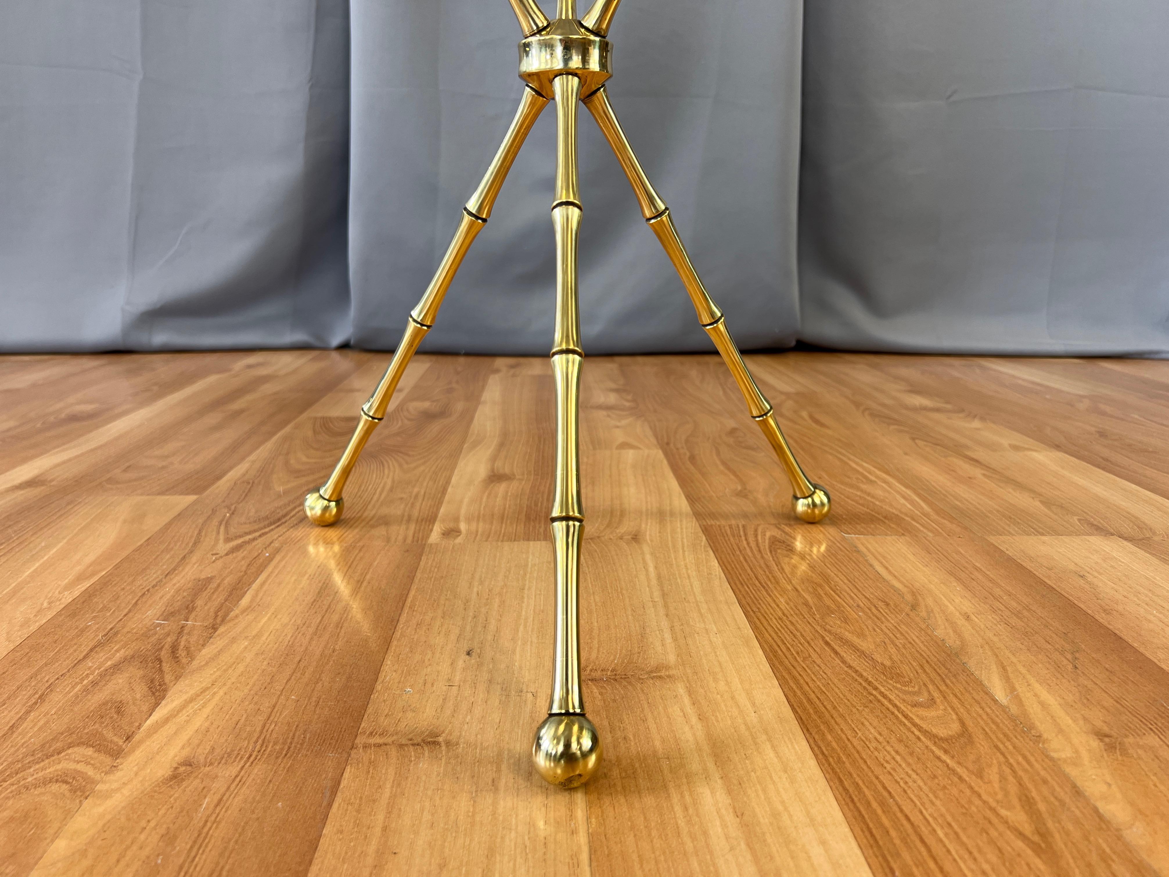 Maison Baguès-Style Brass Faux Bamboo Side Table with Round Glass Top, c. 1960 1