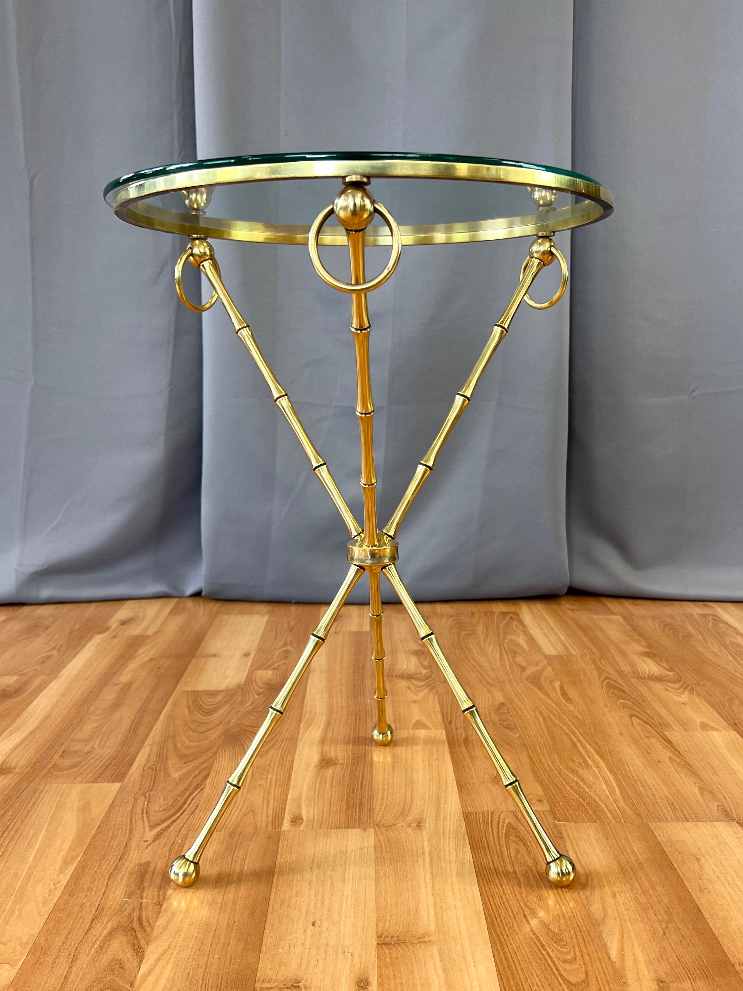 Maison Baguès-Style Brass Faux Bamboo Side Table with Round Glass Top, c. 1960 3