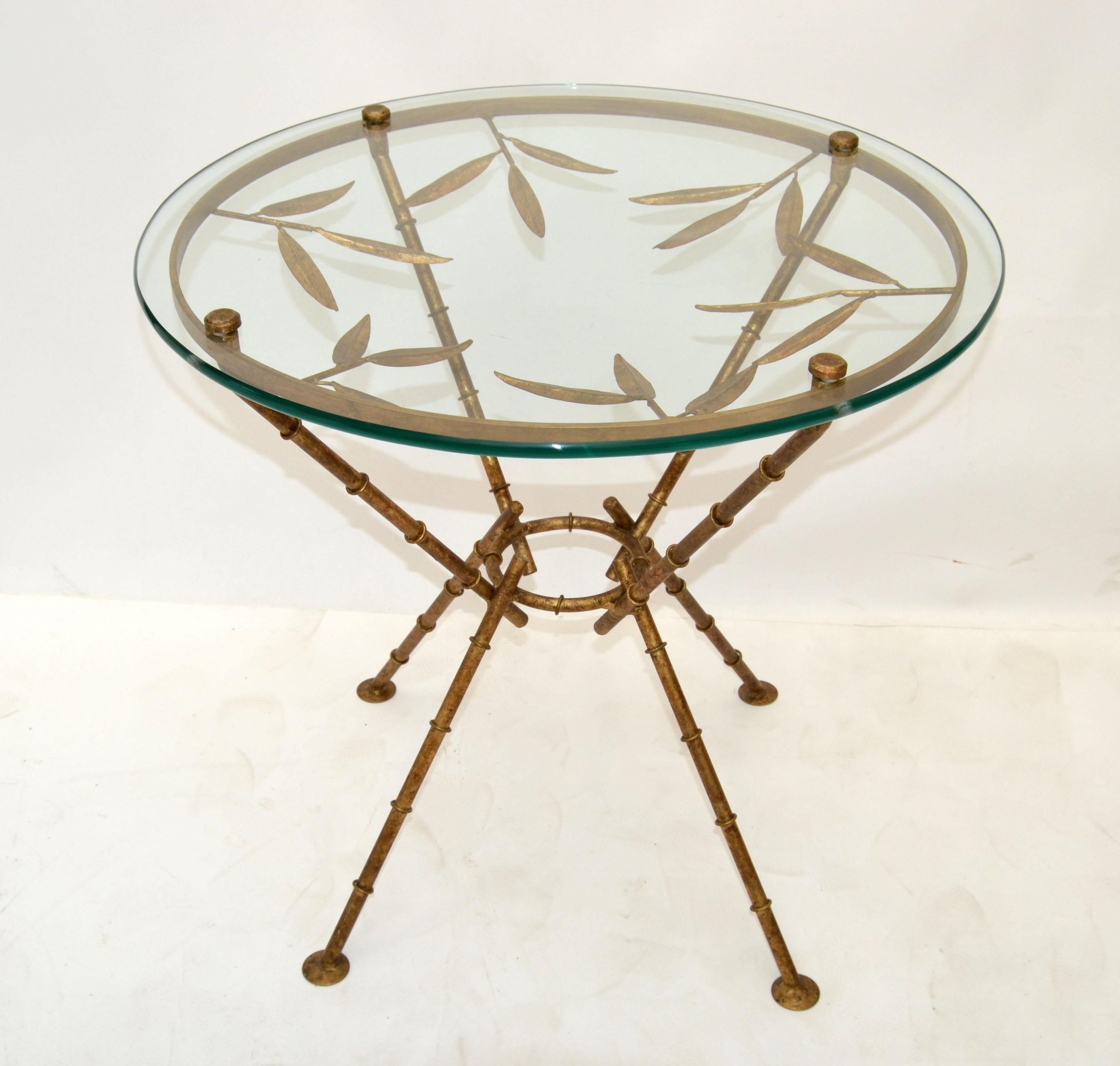 Gilt Maison Baguès Style Bronze Faux Bamboo & Leaves Glass Cocktail Table Traditional For Sale