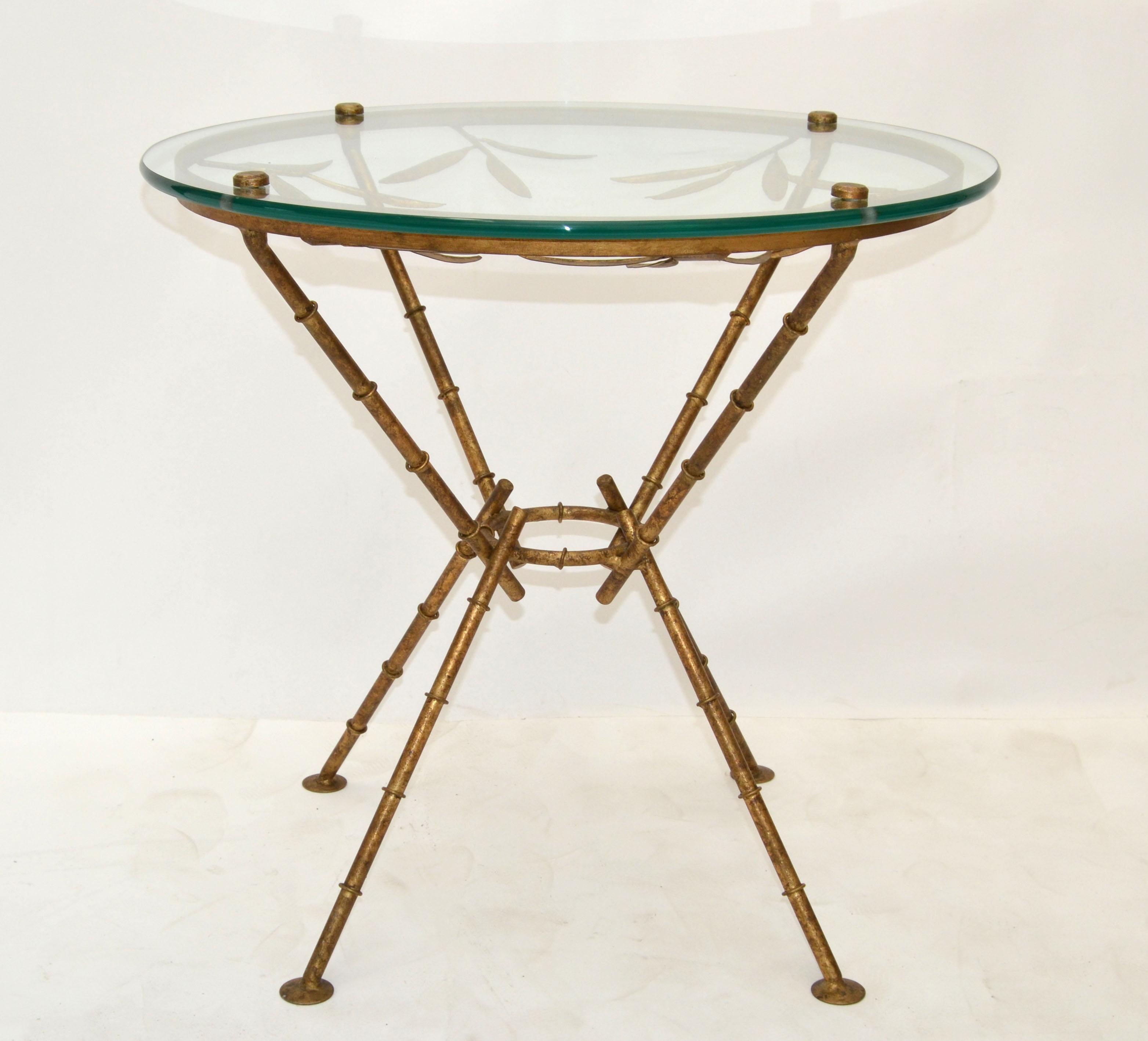 Maison Baguès Style Bronze Faux Bamboo & Leaves Glass Cocktail Table Traditional In Good Condition For Sale In Miami, FL