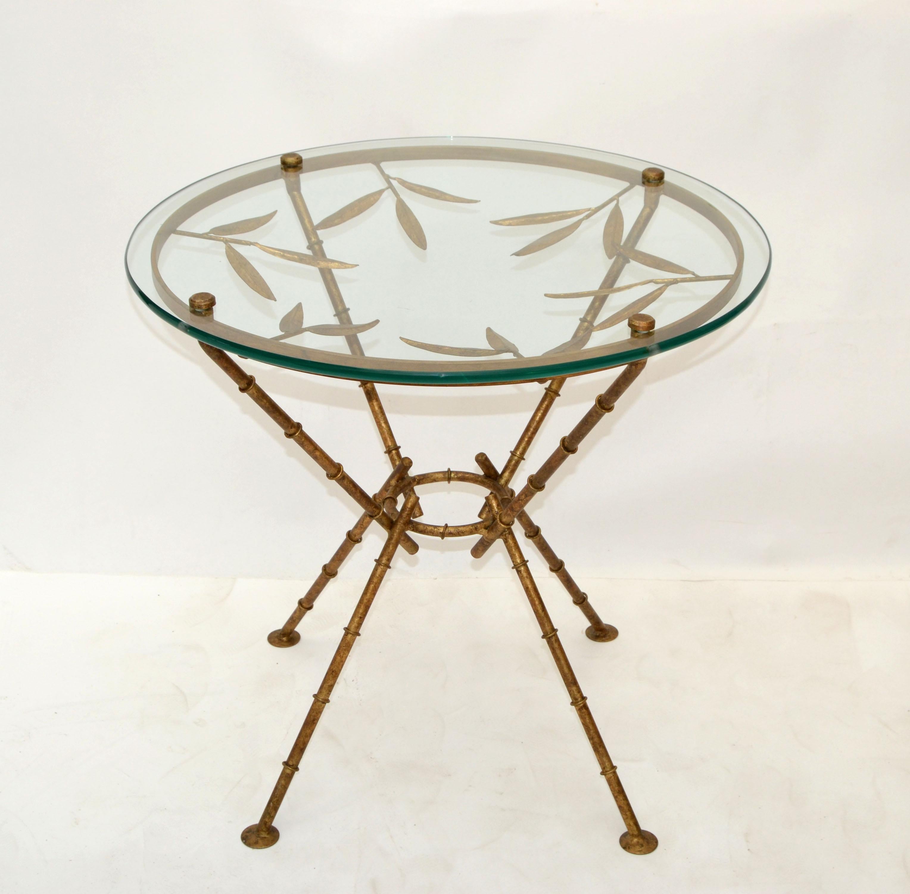 Mid-20th Century Maison Baguès Style Bronze Faux Bamboo & Leaves Glass Cocktail Table Traditional For Sale