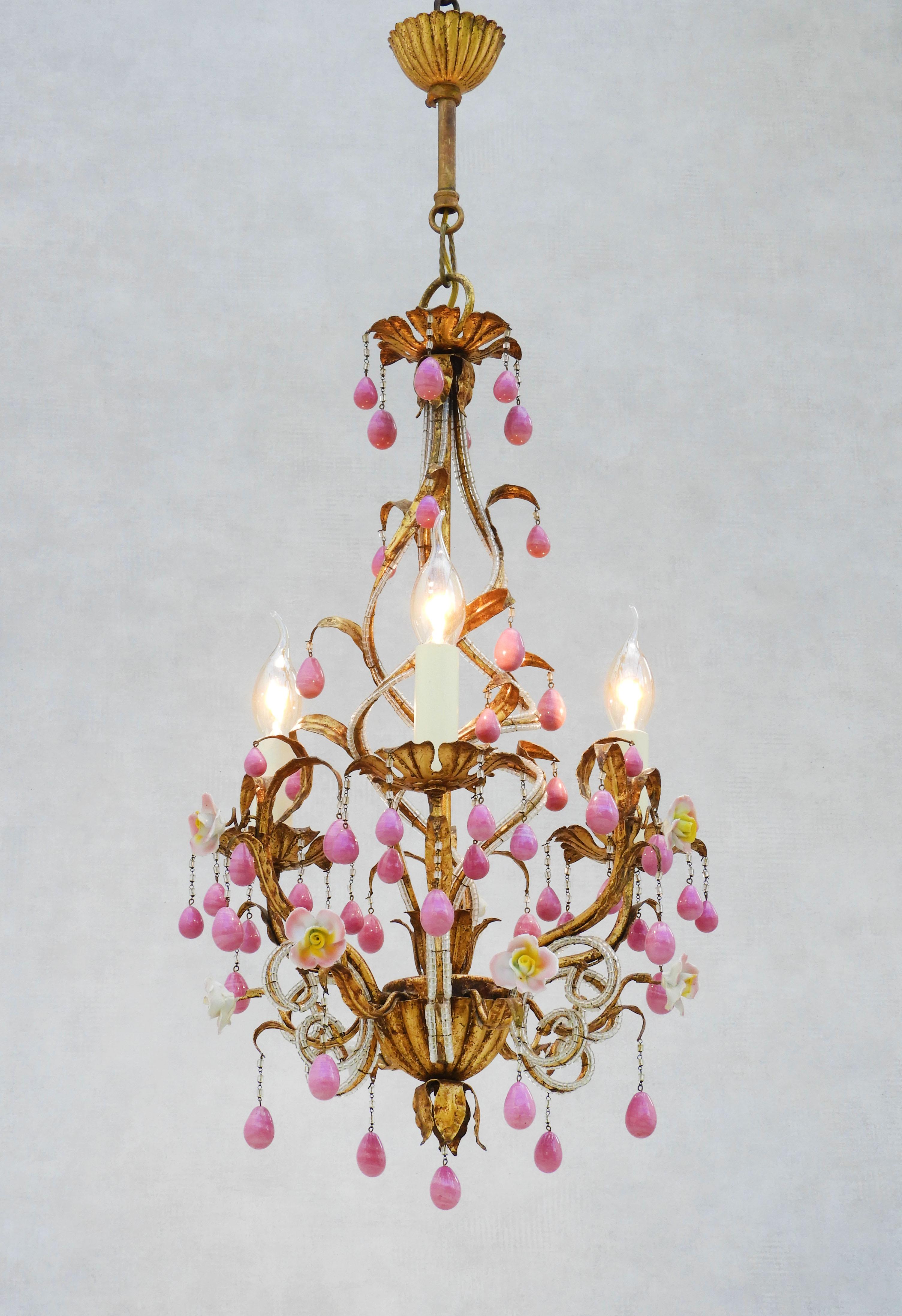 Maison Bagues Style Chandelier, Beaded Tôle, Porcelain Rose Flowers & Pink Drops 4