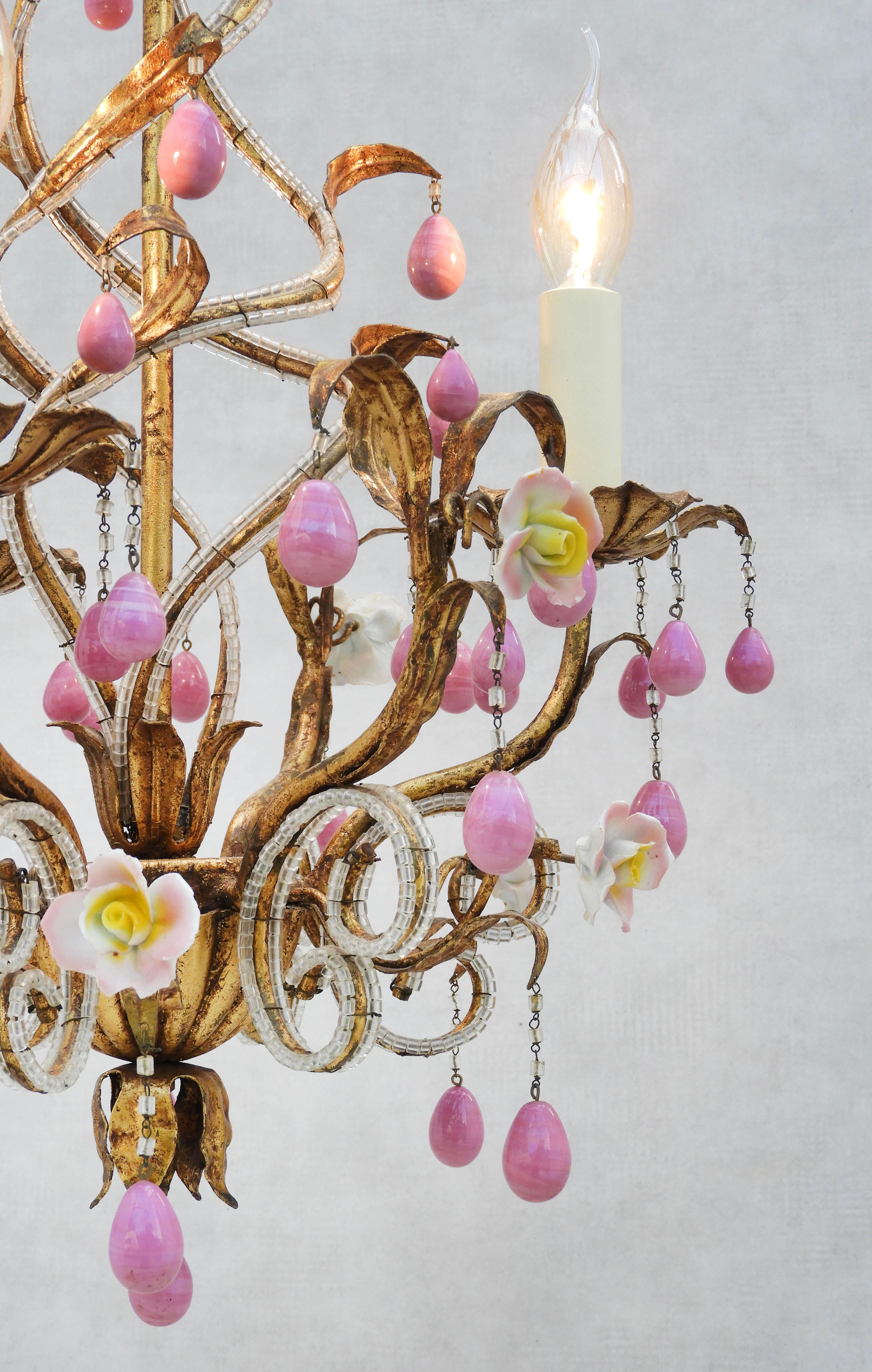 Italian Maison Bagues Style Chandelier, Beaded Tôle, Porcelain Rose Flowers & Pink Drops For Sale