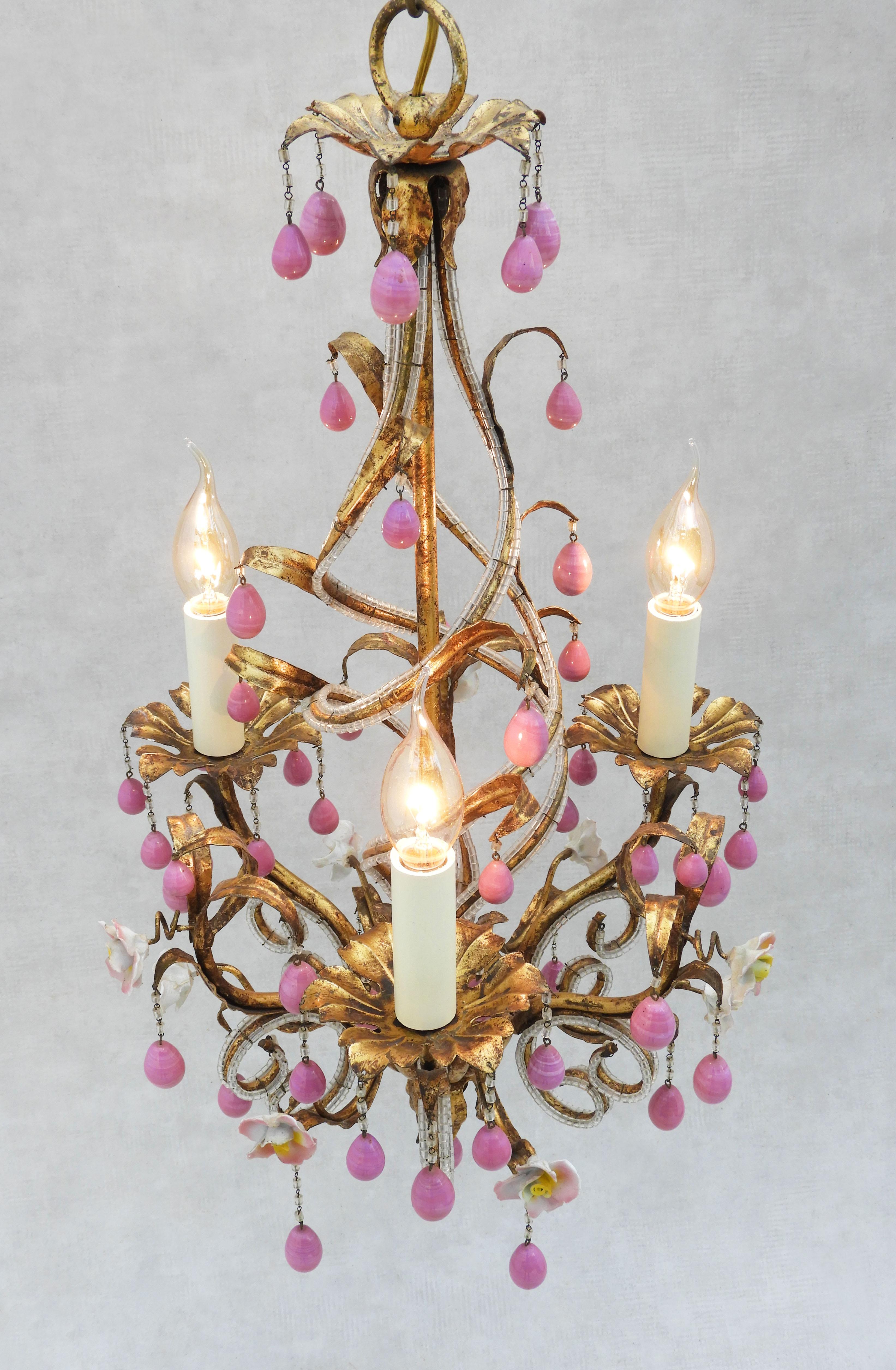 Gilt Maison Bagues Style Chandelier with Beaded Tôle, Porcelain Roses & Pink Drops For Sale