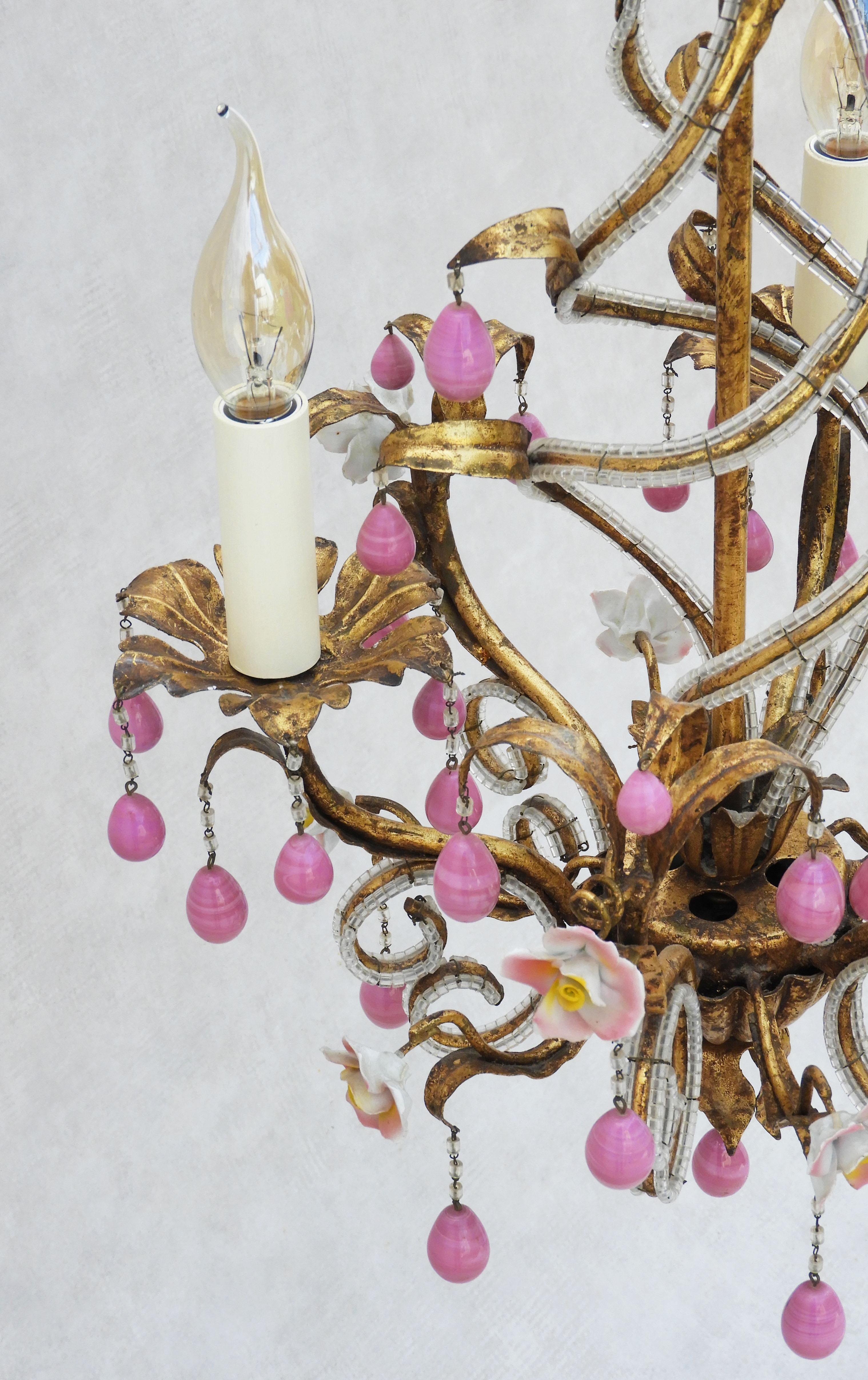 20th Century Maison Bagues Style Chandelier with Beaded Tôle, Porcelain Roses & Pink Drops For Sale