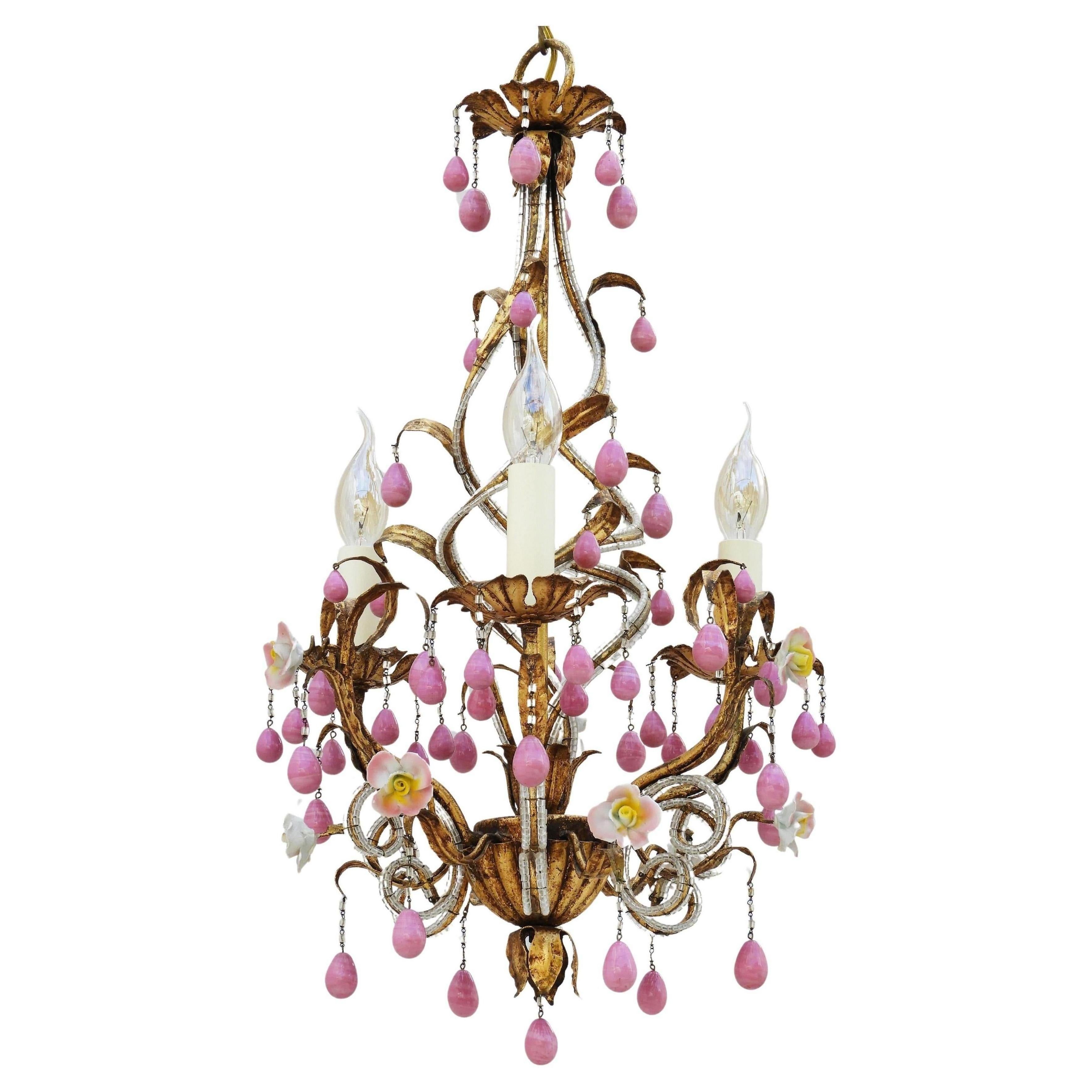 Maison Bagues Style Chandelier with Beaded Tôle, Porcelain Roses & Pink Drops For Sale