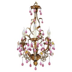 Vintage Maison Bagues Style Chandelier with Beaded Tôle, Porcelain Roses & Pink Drops