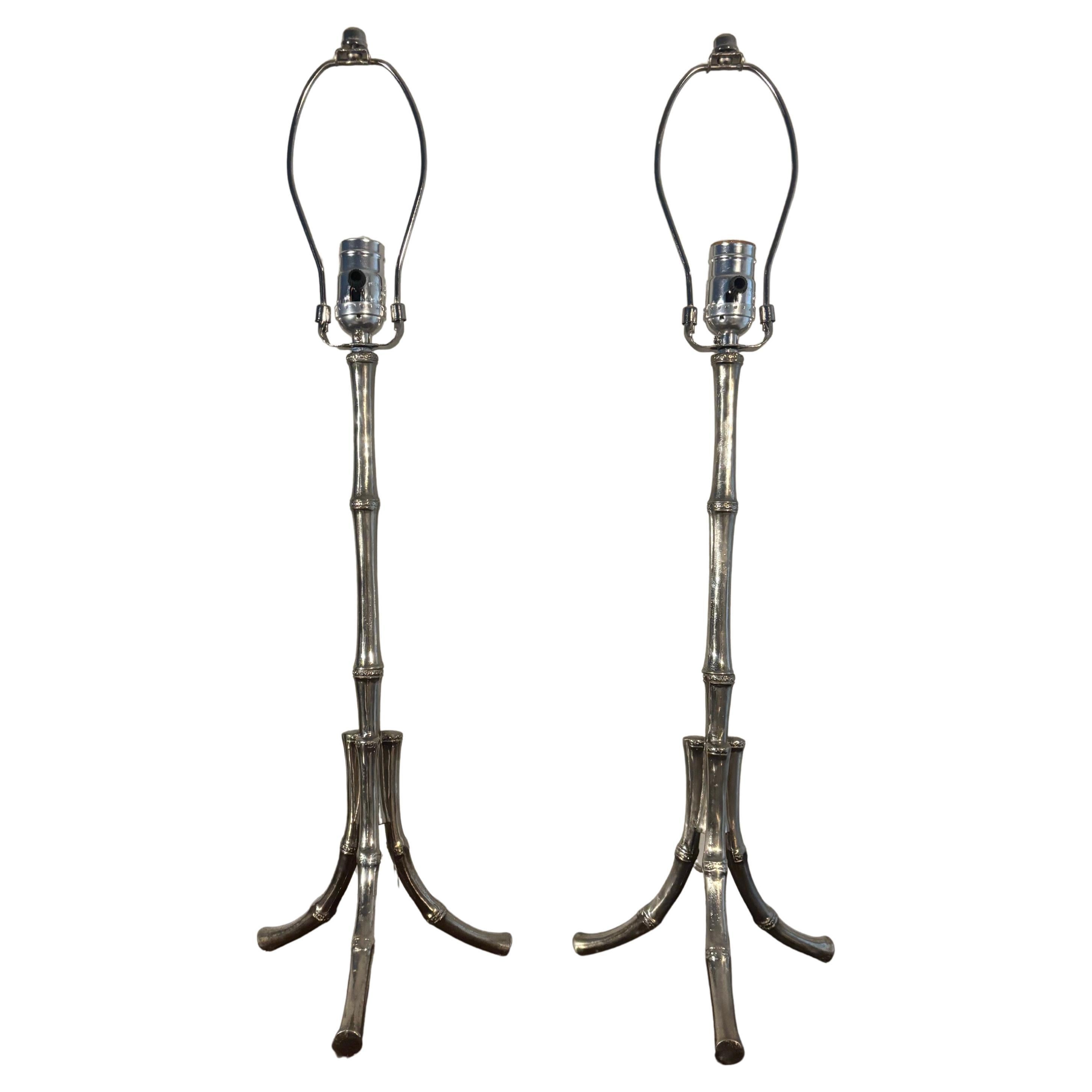 Maison Baguès Style Chrome Faux Bamboo Table Lamps, a pair