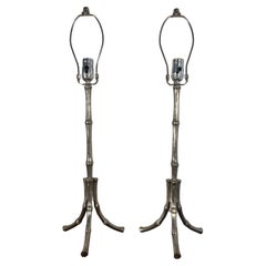 Maison Baguès Style Chrome Faux Bamboo Table Lamps, a pair