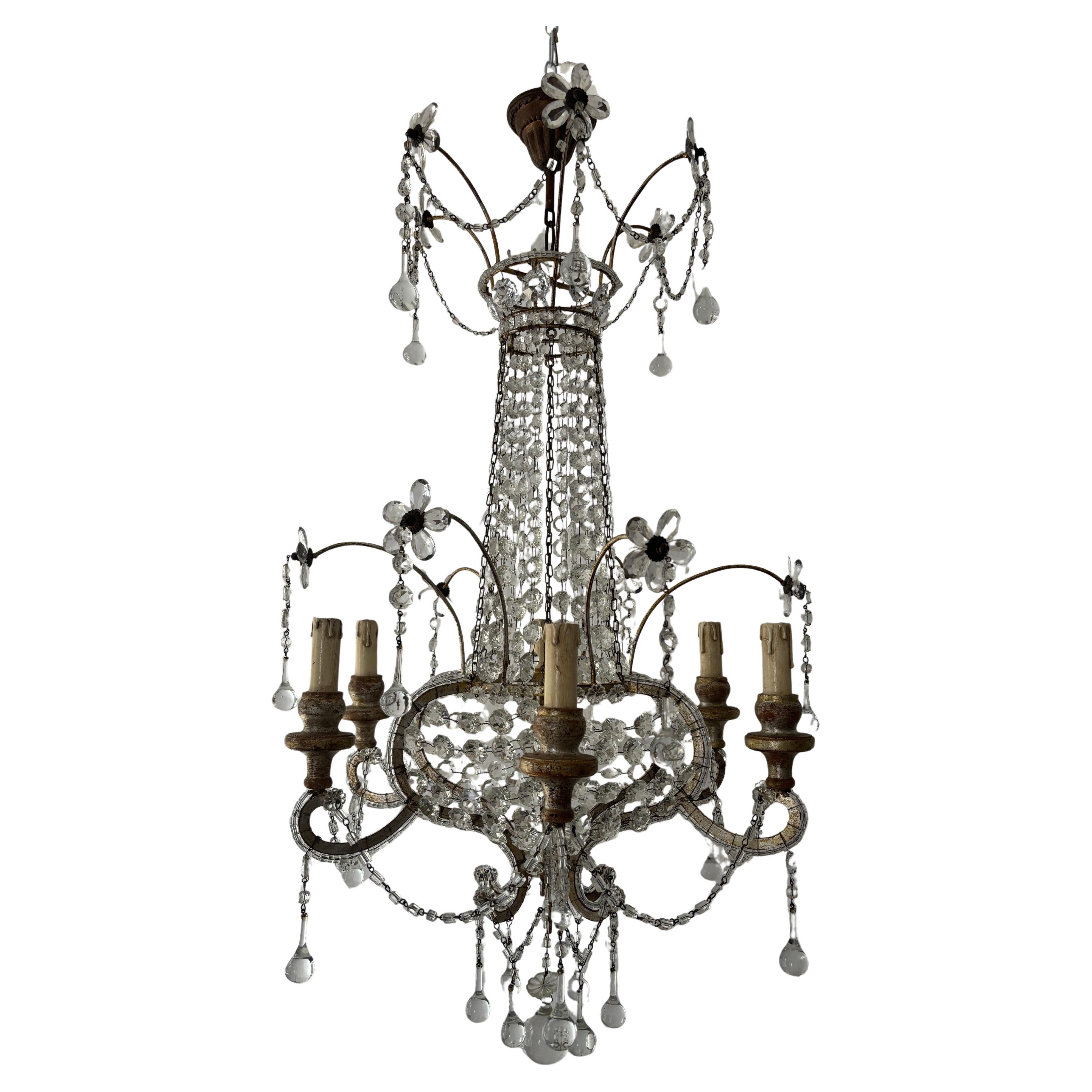 Maison Bagues Style Crystal Flowers Huge Beaded Murano Drops Chandelier, c1910 in vendita