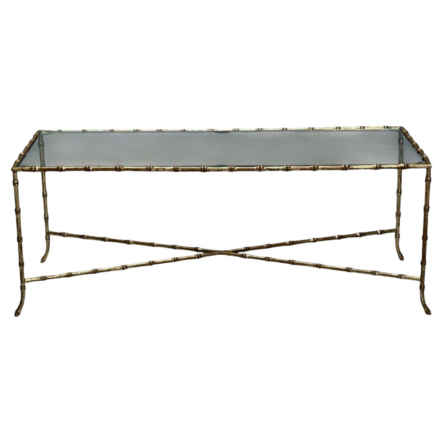 Maison Bagues Style, Faux Bamboo Brass, Glass, Coffee Table, France, 1940s