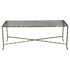 Maison Bagues Style, Faux Bamboo Brass, Glass, Coffee Table, France, 1940s