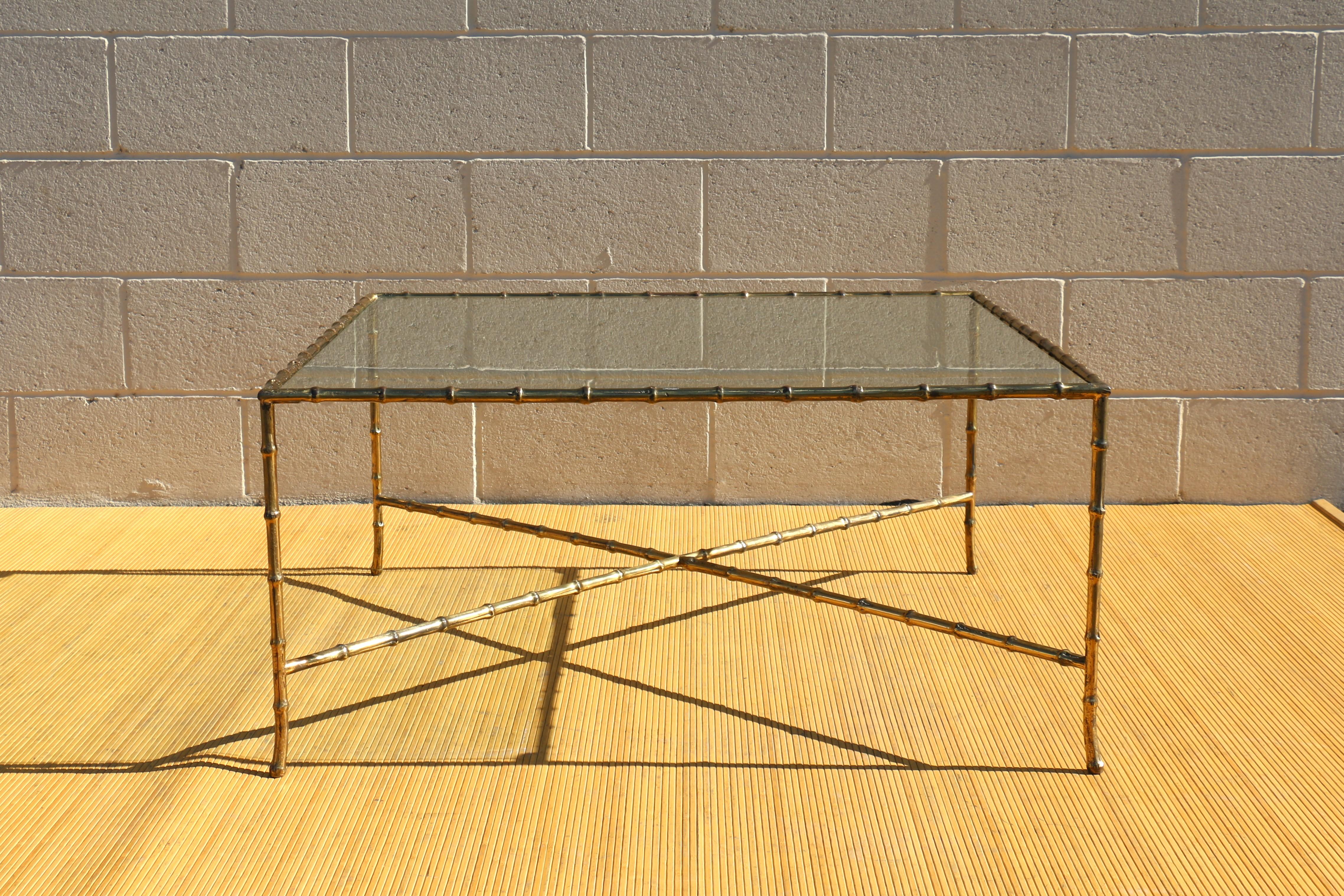 Mid-Century Modern Maison Bagues Style Faux Bamboo Solid Brass Large Italian Coffee Table, 1950’s For Sale