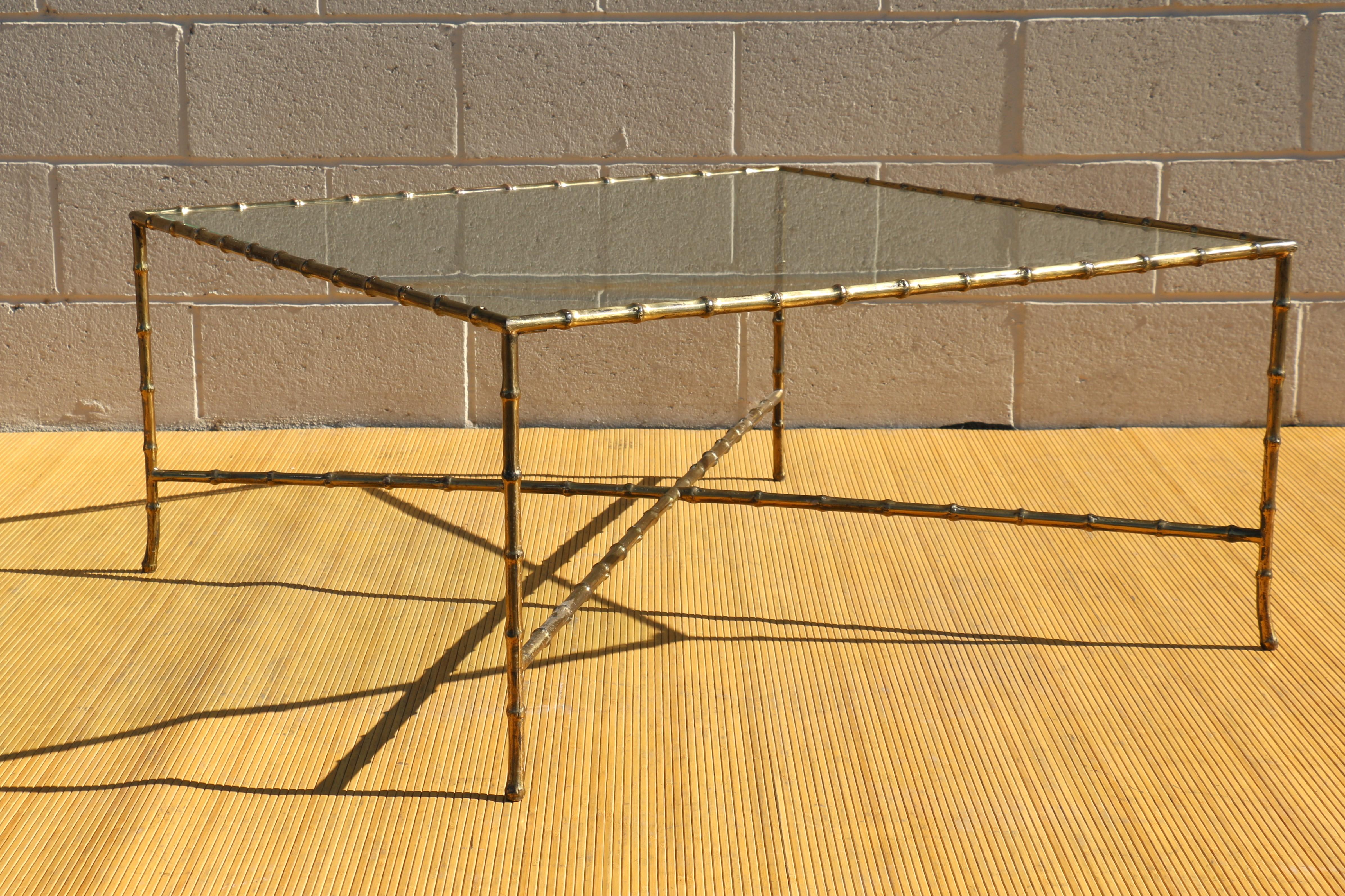 Maison Bagues Style Faux Bamboo Solid Brass Large Italian Coffee Table, 1950’s In Good Condition For Sale In North Hollywood, CA