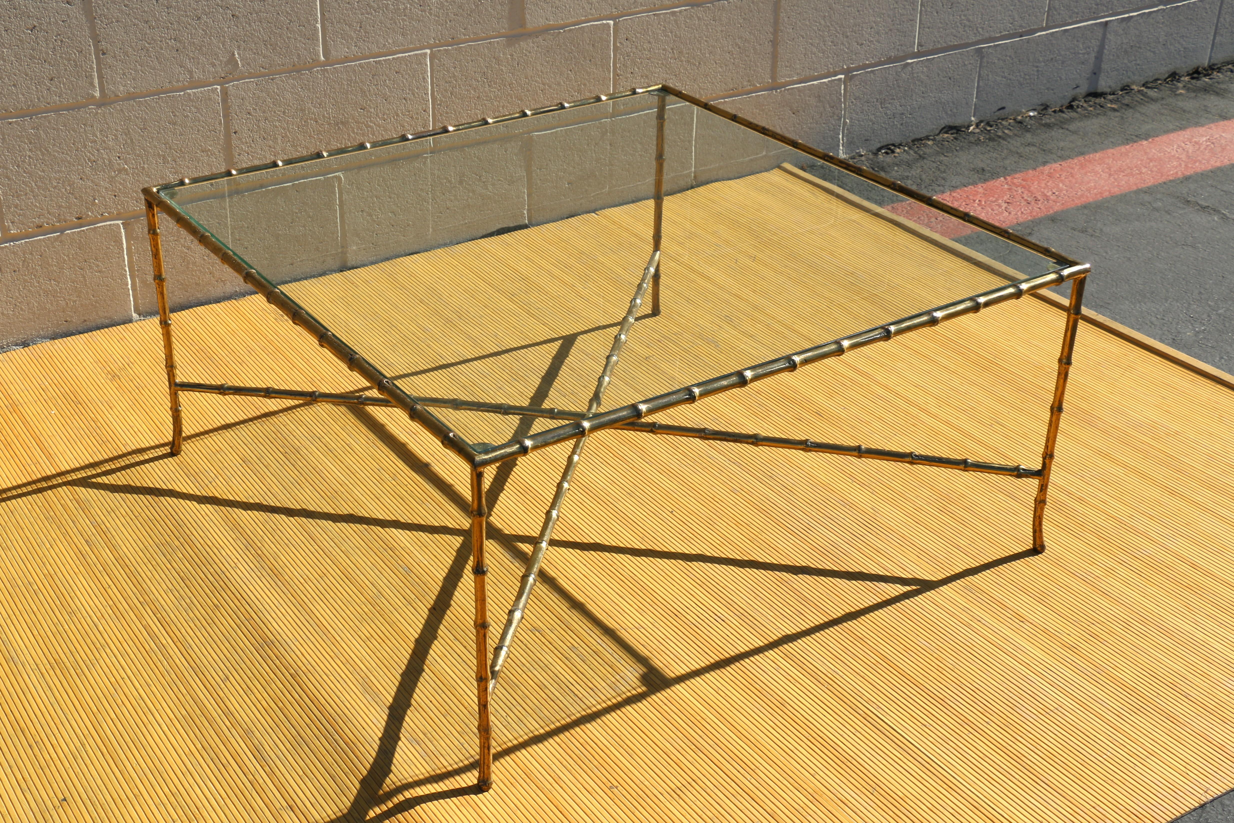 Mid-20th Century Maison Bagues Style Faux Bamboo Solid Brass Large Italian Coffee Table, 1950’s For Sale