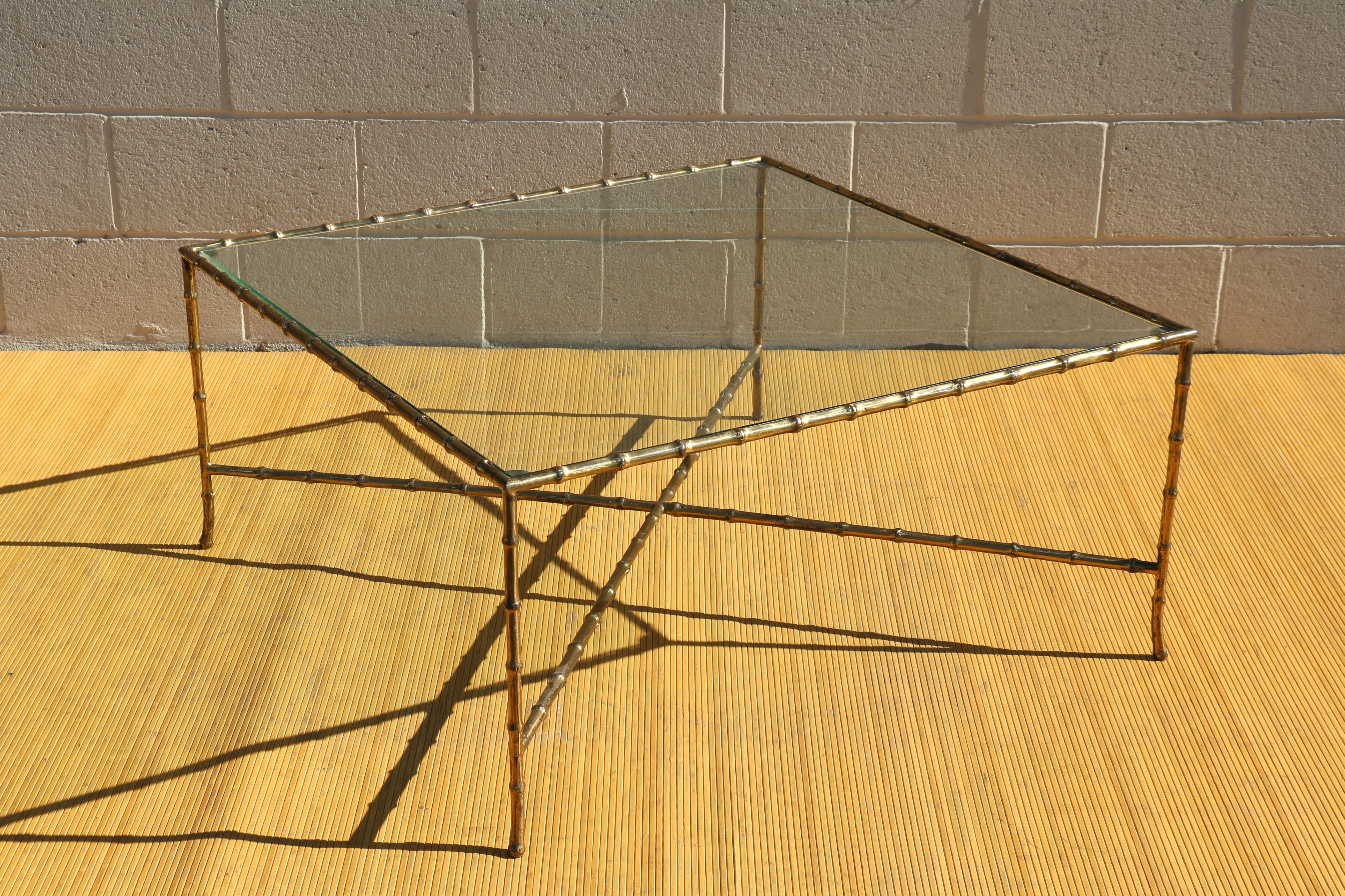 Maison Bagues Style Faux Bamboo Solid Brass Large Italian Coffee Table, 1950’s For Sale 1