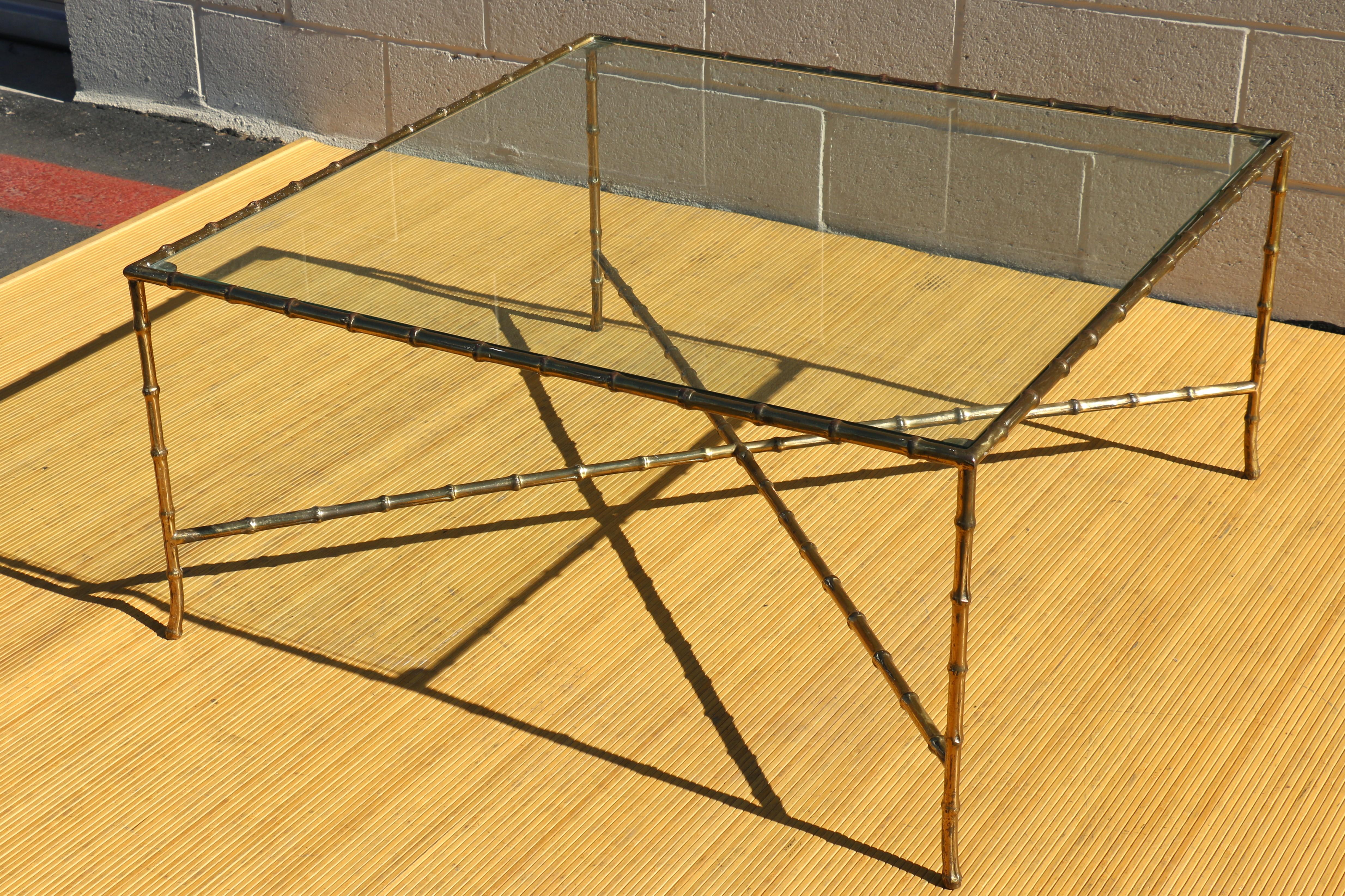 Maison Bagues Style Faux Bamboo Solid Brass Large Italian Coffee Table, 1950’s For Sale 2
