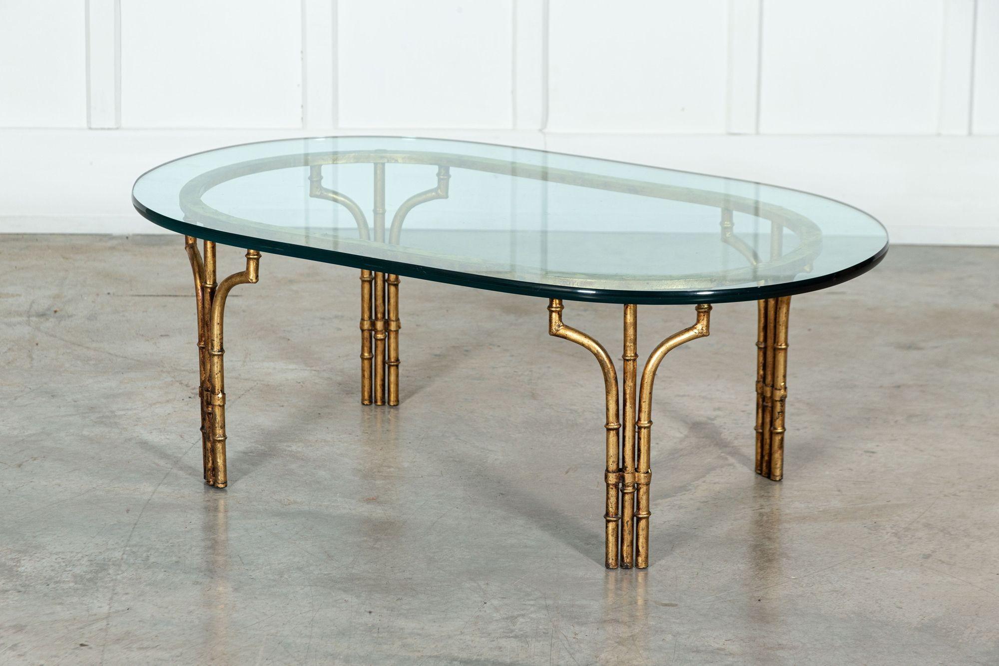 Glass Maison Bagues Style Gilded Iron Faux Bamboo Coffee Table For Sale