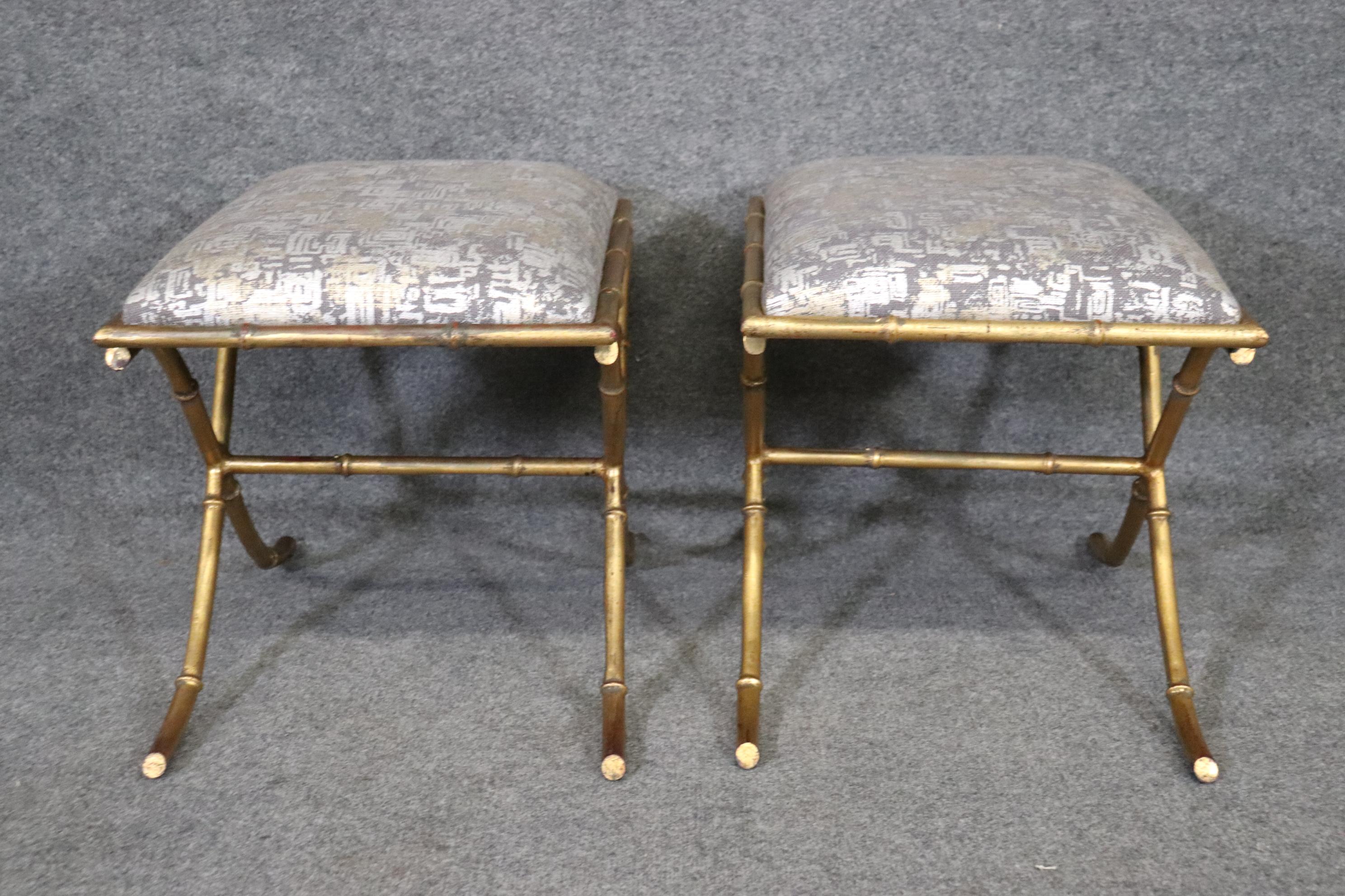 Directoire Maison Bagues Style Gilded Metal X Form French Faux Bamboo Benches Stools