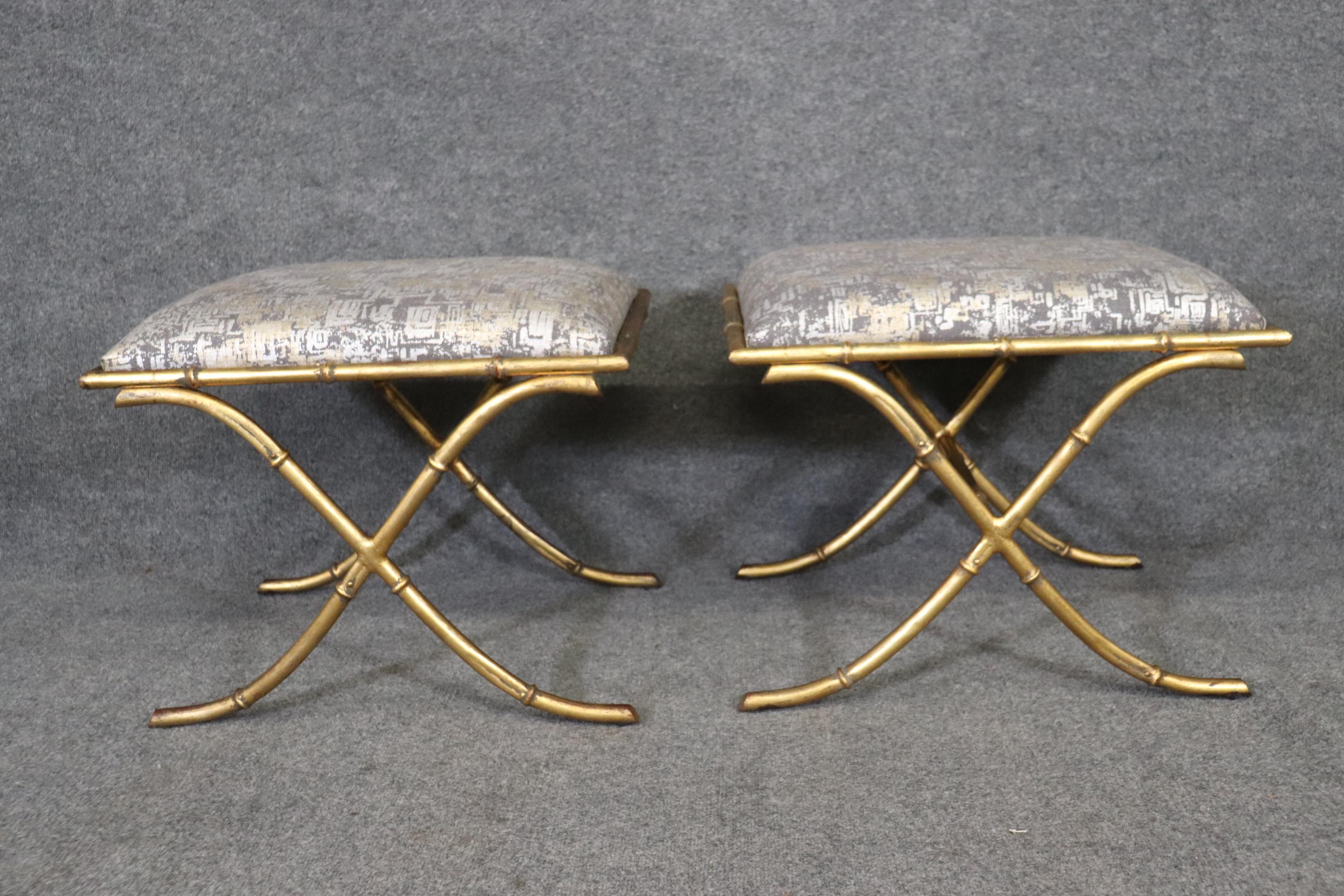 Maison Bagues Style Gilded Metal X Form French Faux Bamboo Benches Stools In Good Condition In Swedesboro, NJ