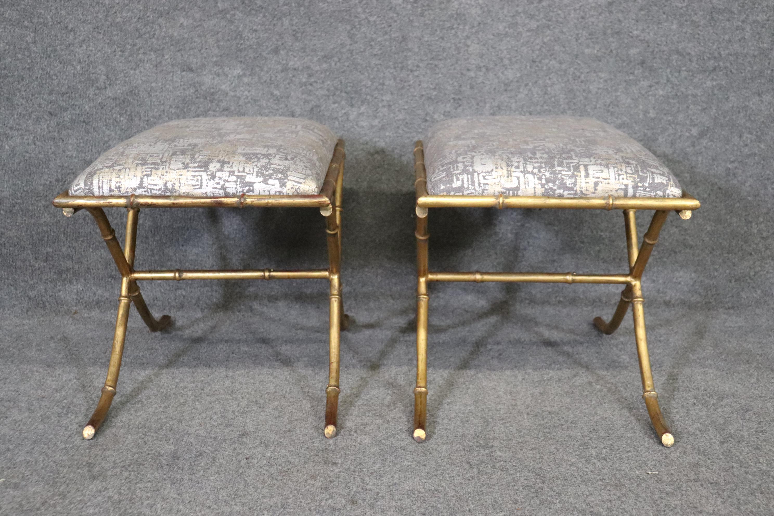 Mid-20th Century Maison Bagues Style Gilded Metal X Form French Faux Bamboo Benches Stools