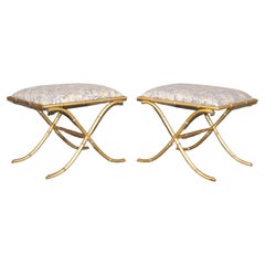 Maison Bagues Style Gilded Metal X Form French Faux Bamboo Benches Stools
