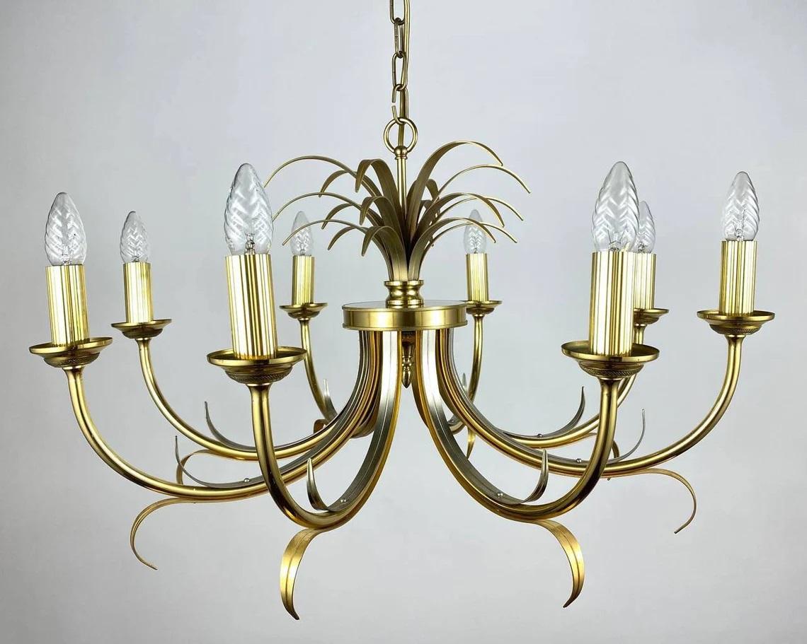Mid-Century Modern Maison Bagues Style Gilt Brass Chandelier from S.A. Boulanger, 1970s For Sale