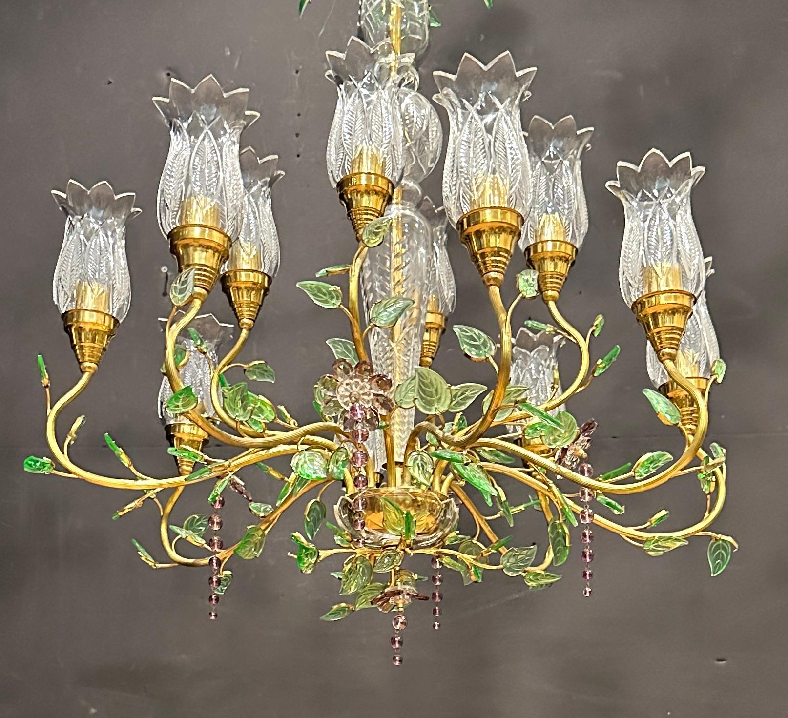 Mid-Century Modern Maison Baguès Style Gilt Bronze And Cut Glass Chandelier For Sale