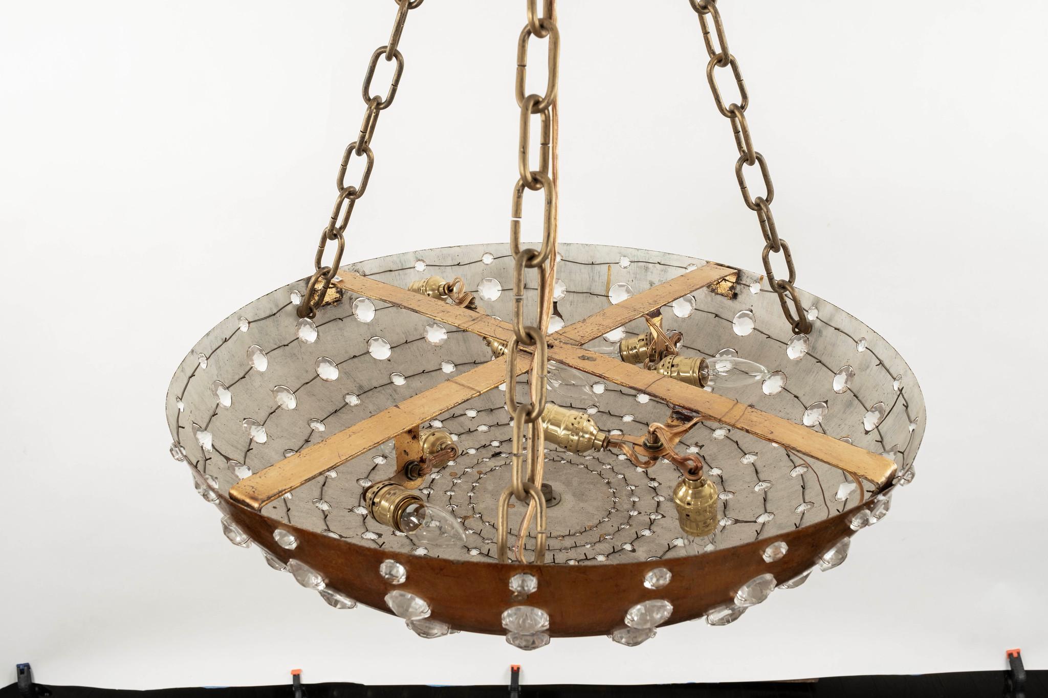 French Maison Bagues Style Gilt Metal Crystal Plaffornier Chandelier For Sale