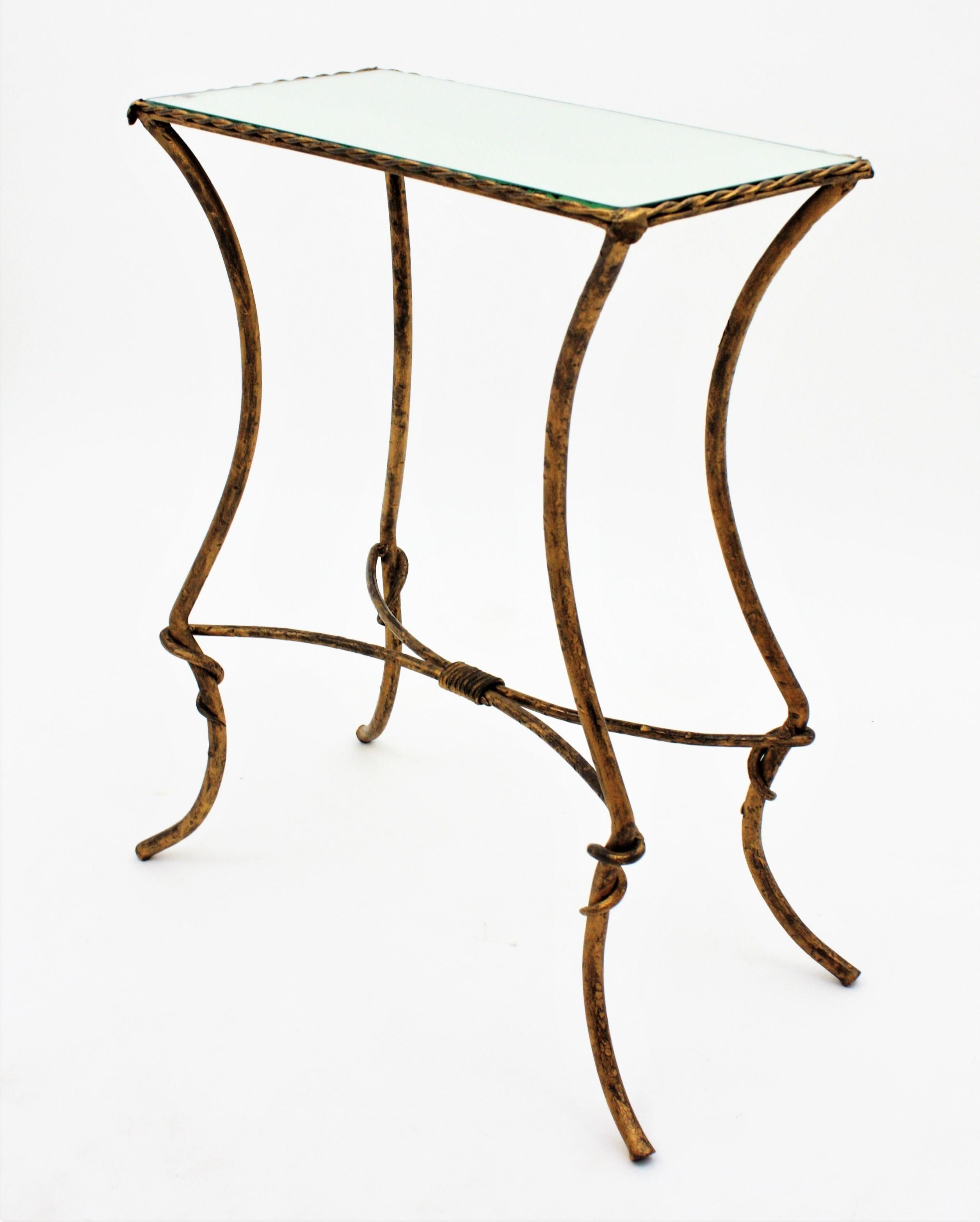 Maison Baguès Style Drinks Table in Gilt Wrought Iron with Mirror Top 4