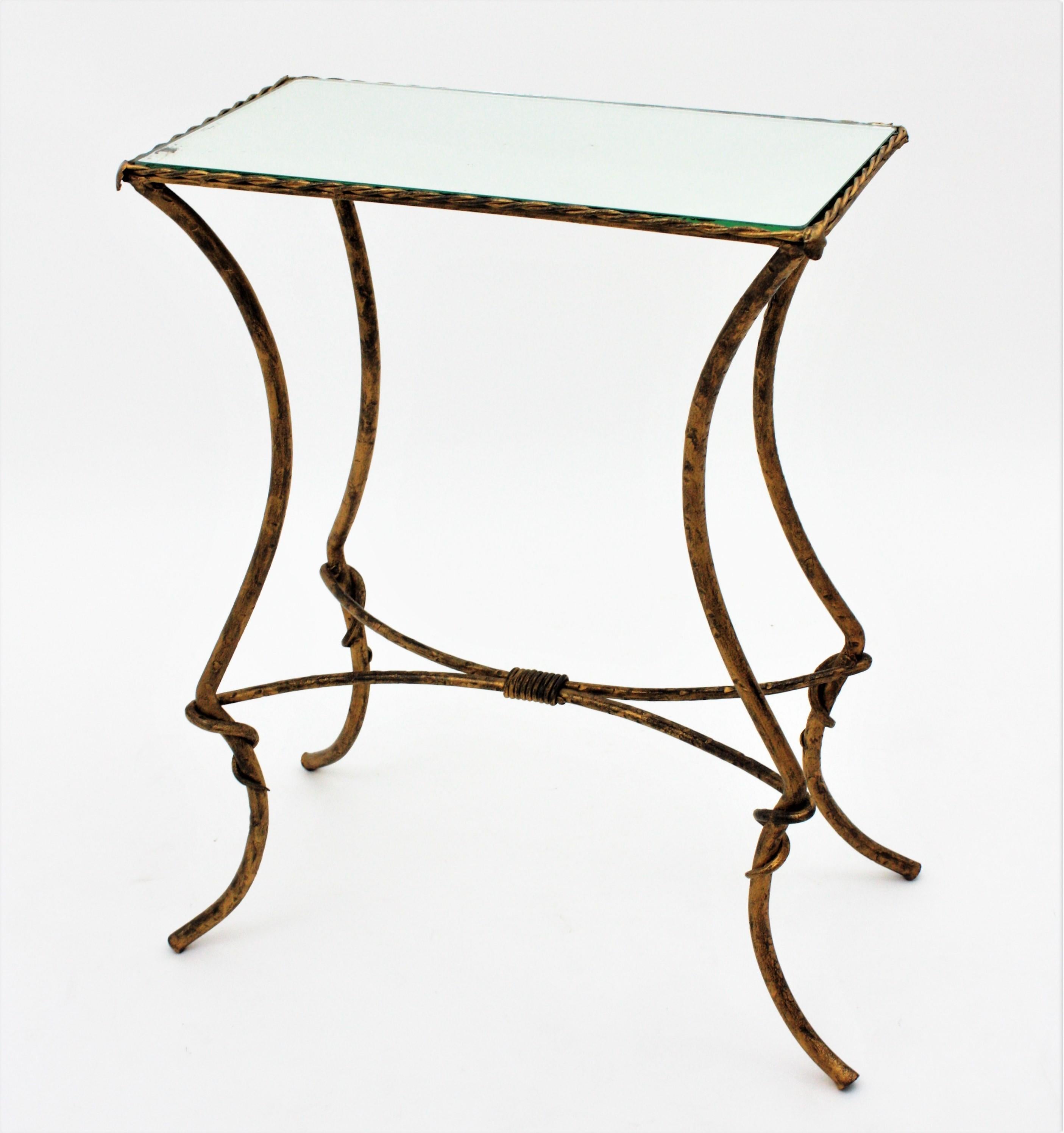 20th Century Maison Baguès Style Drinks Table in Gilt Wrought Iron with Mirror Top