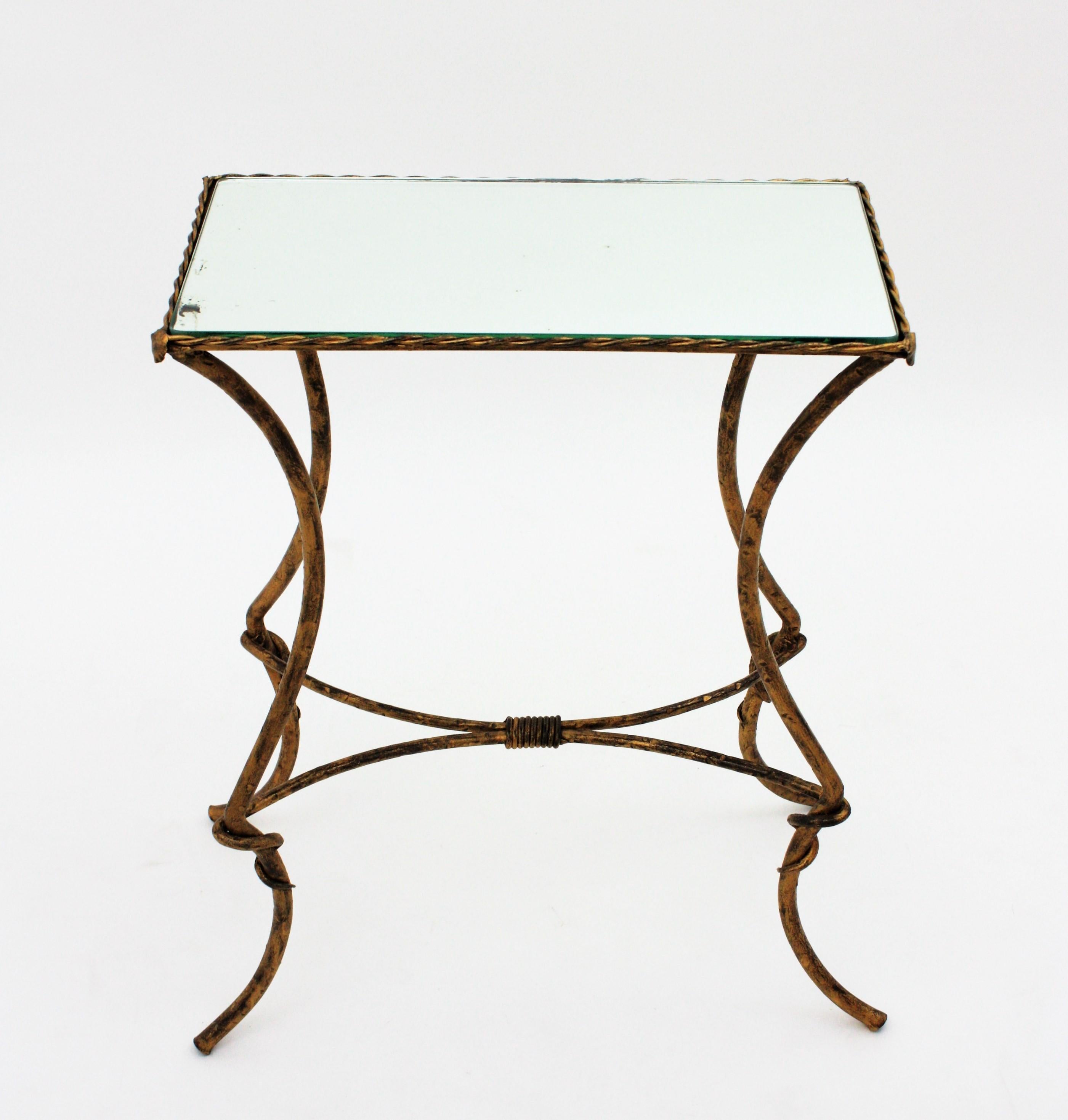 Hollywood Regency Maison Baguès Style Drinks Table in Gilt Wrought Iron with Mirror Top