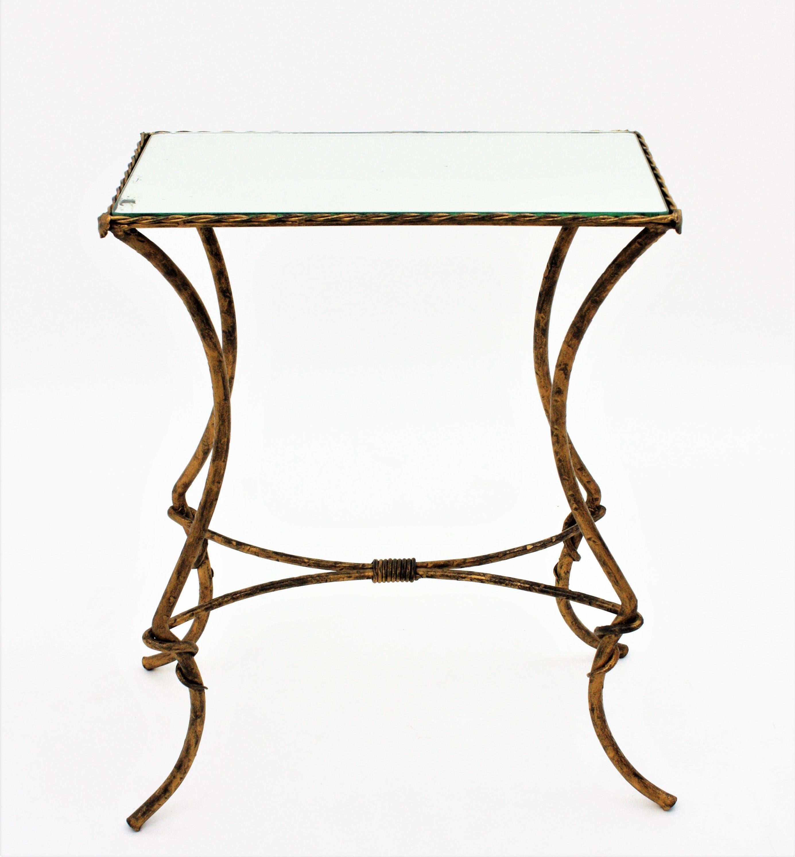 Maison Baguès Style Drinks Table in Gilt Wrought Iron with Mirror Top 2