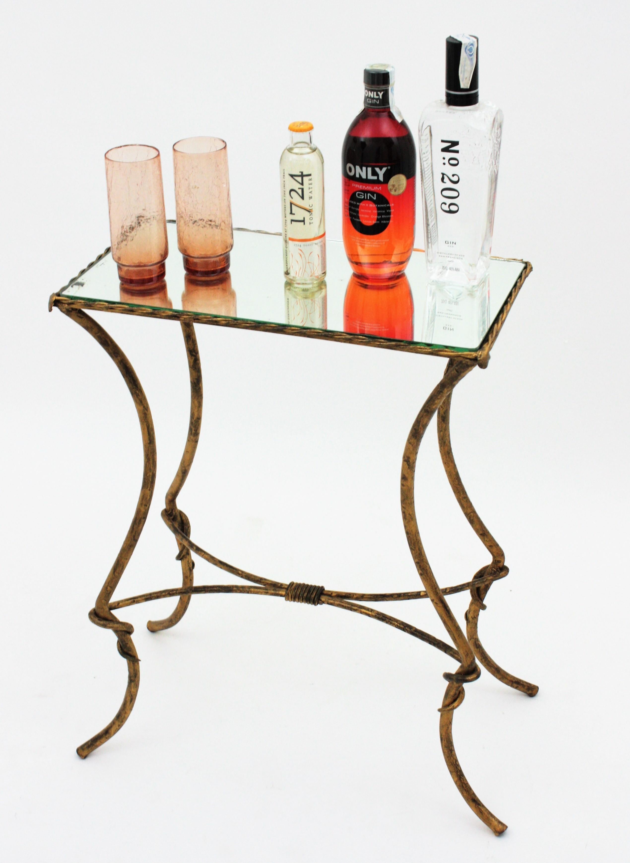 Maison Baguès Style Drinks Table in Gilt Wrought Iron with Mirror Top 3