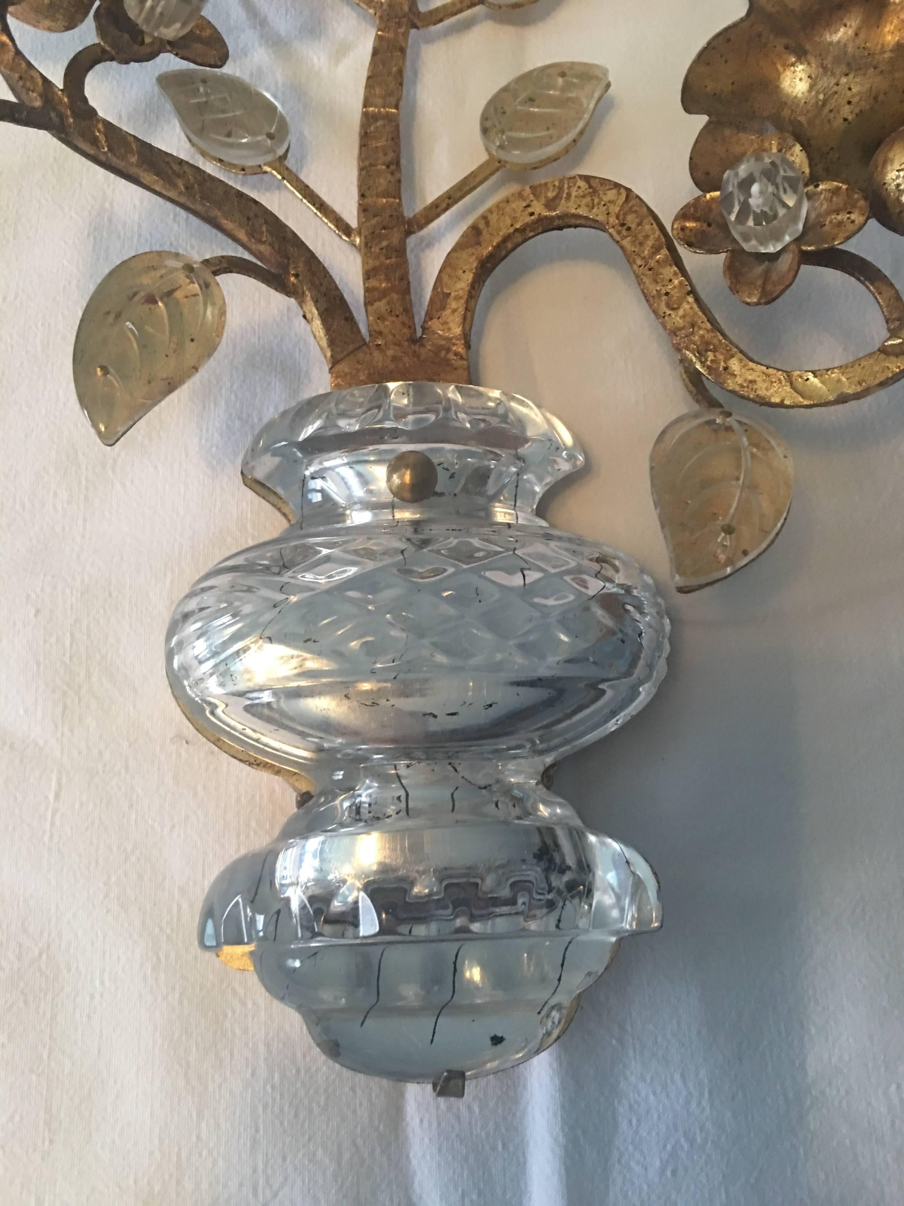 European Maison Baguès Style Gold Leaf Crystal Sconce For Sale