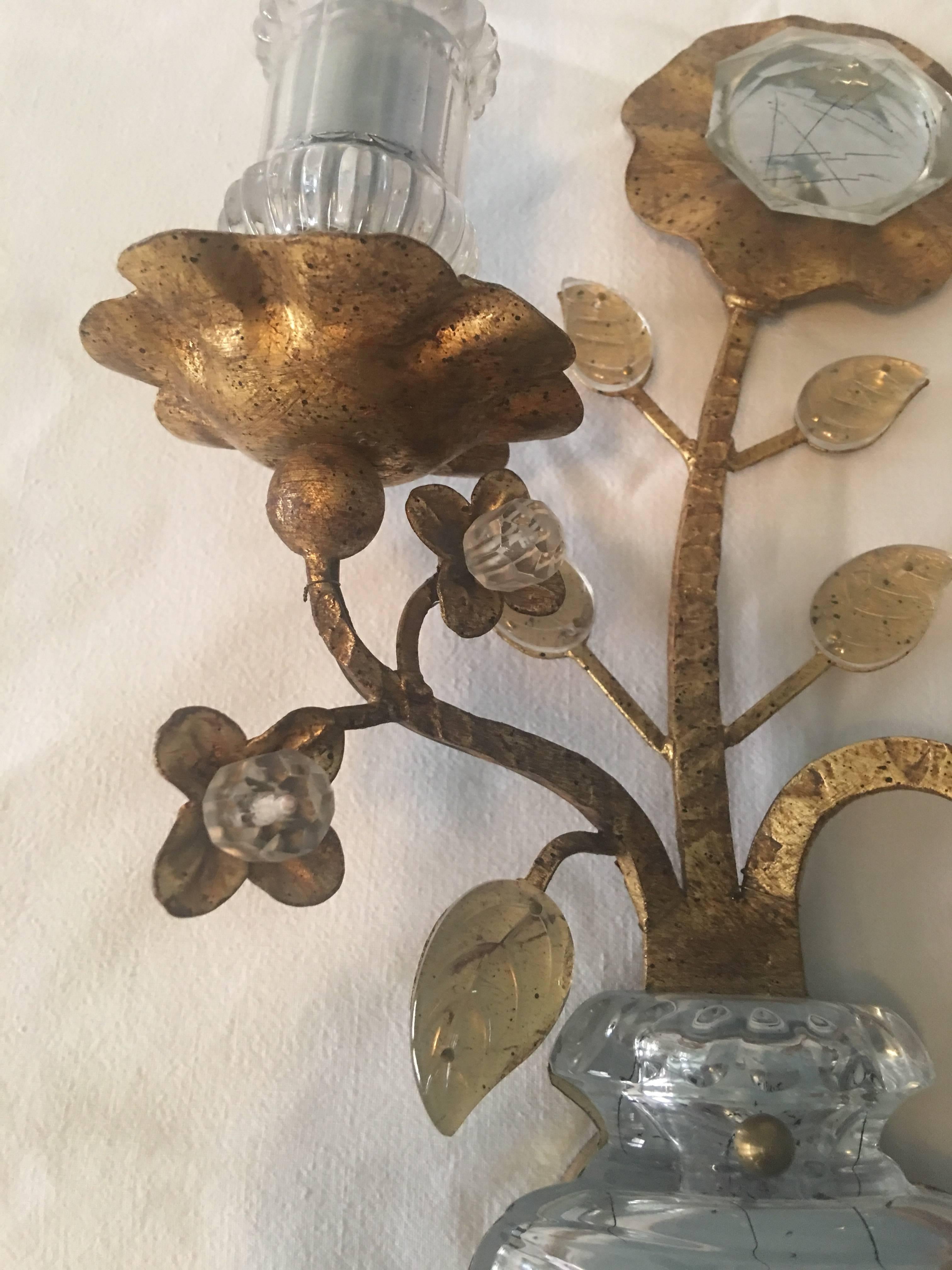 Mid-20th Century Maison Baguès Style Gold Leaf Crystal Sconce For Sale