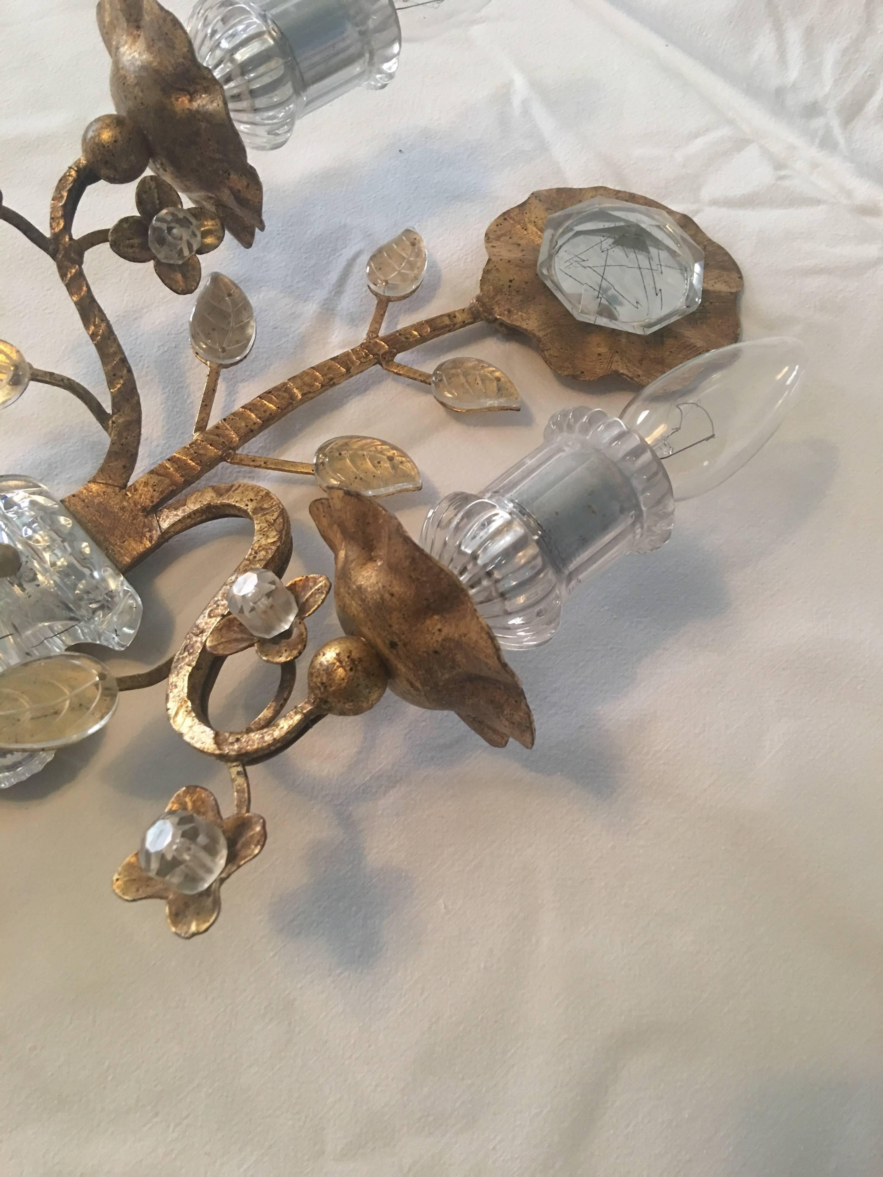 Maison Baguès Style Gold Leaf Crystal Sconce For Sale 2