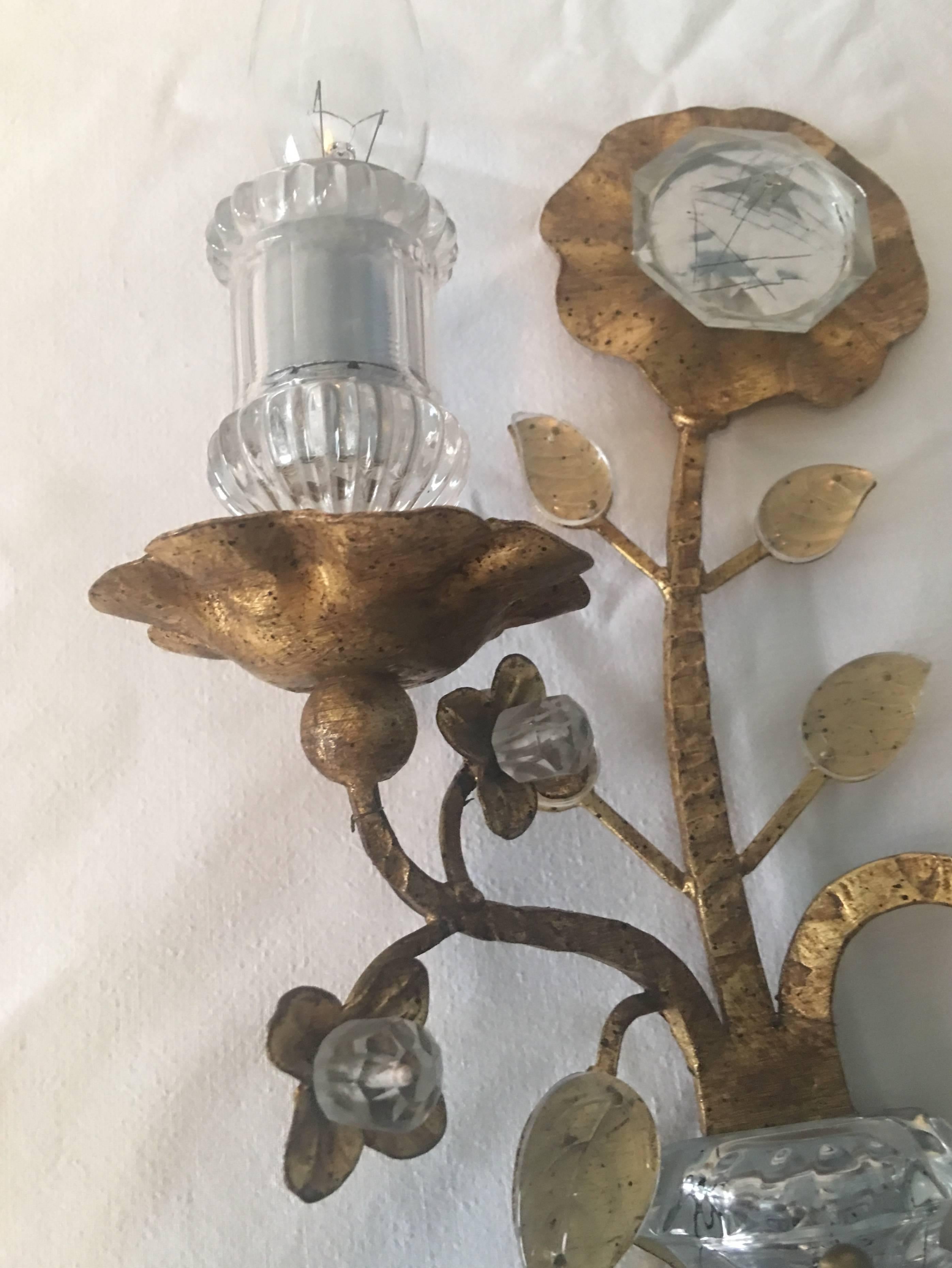 Maison Baguès Style Gold Leaf Crystal Sconce For Sale 3