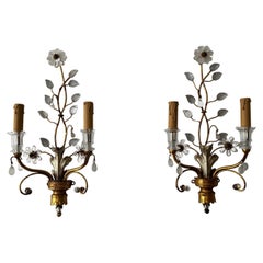 Maison Bagues Style Gold & Silver Flowers Glass Balls French Sconces, c 1940