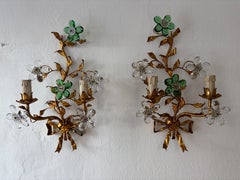 Maison Baguès Style Green Prisms Crystal Flowers Tole Bow Sconces, c 1930