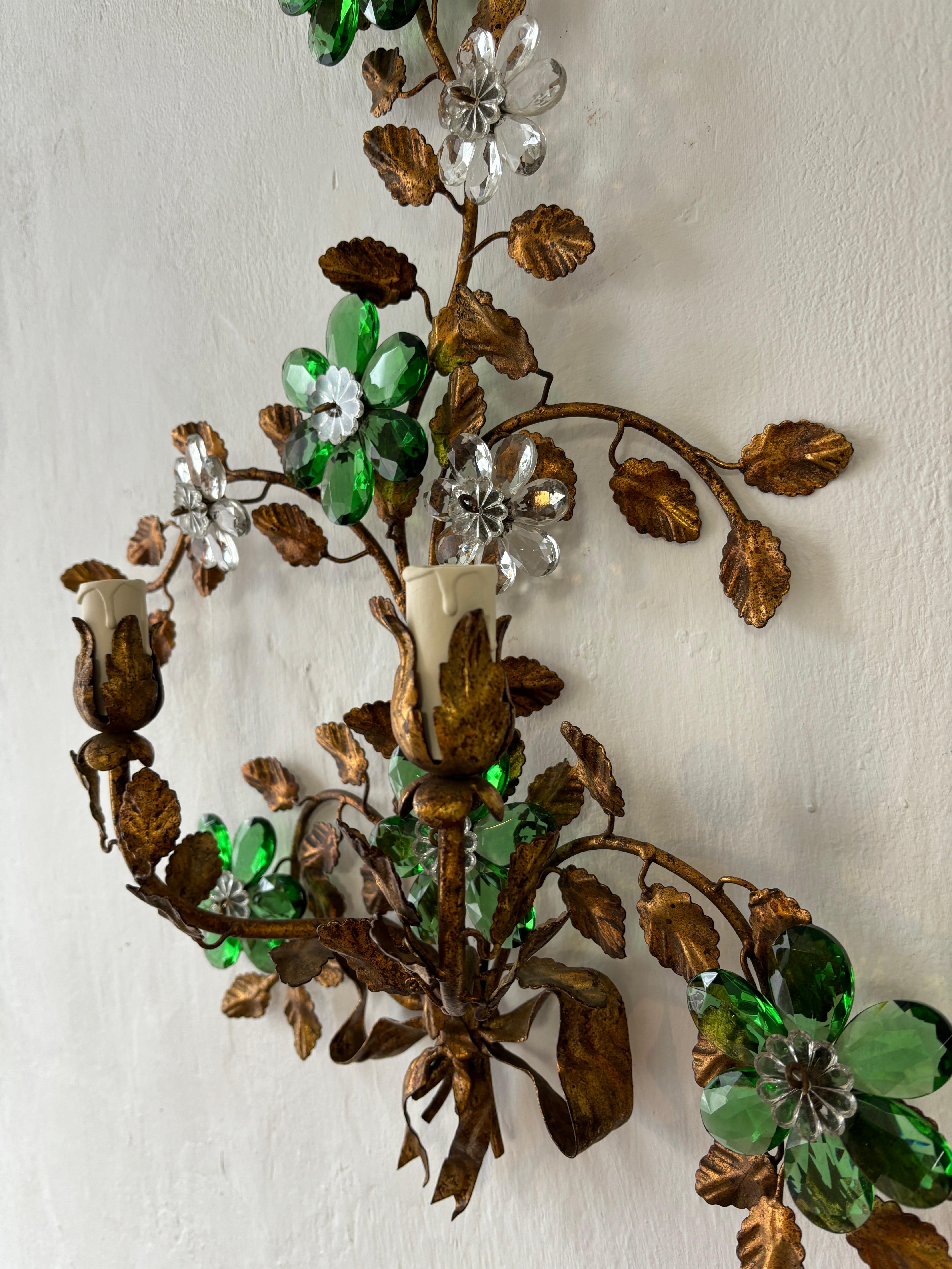  Maison Baguès Style Green Prisms Crystal Flowers Tole Bow Sconces, circa 1930 For Sale 5
